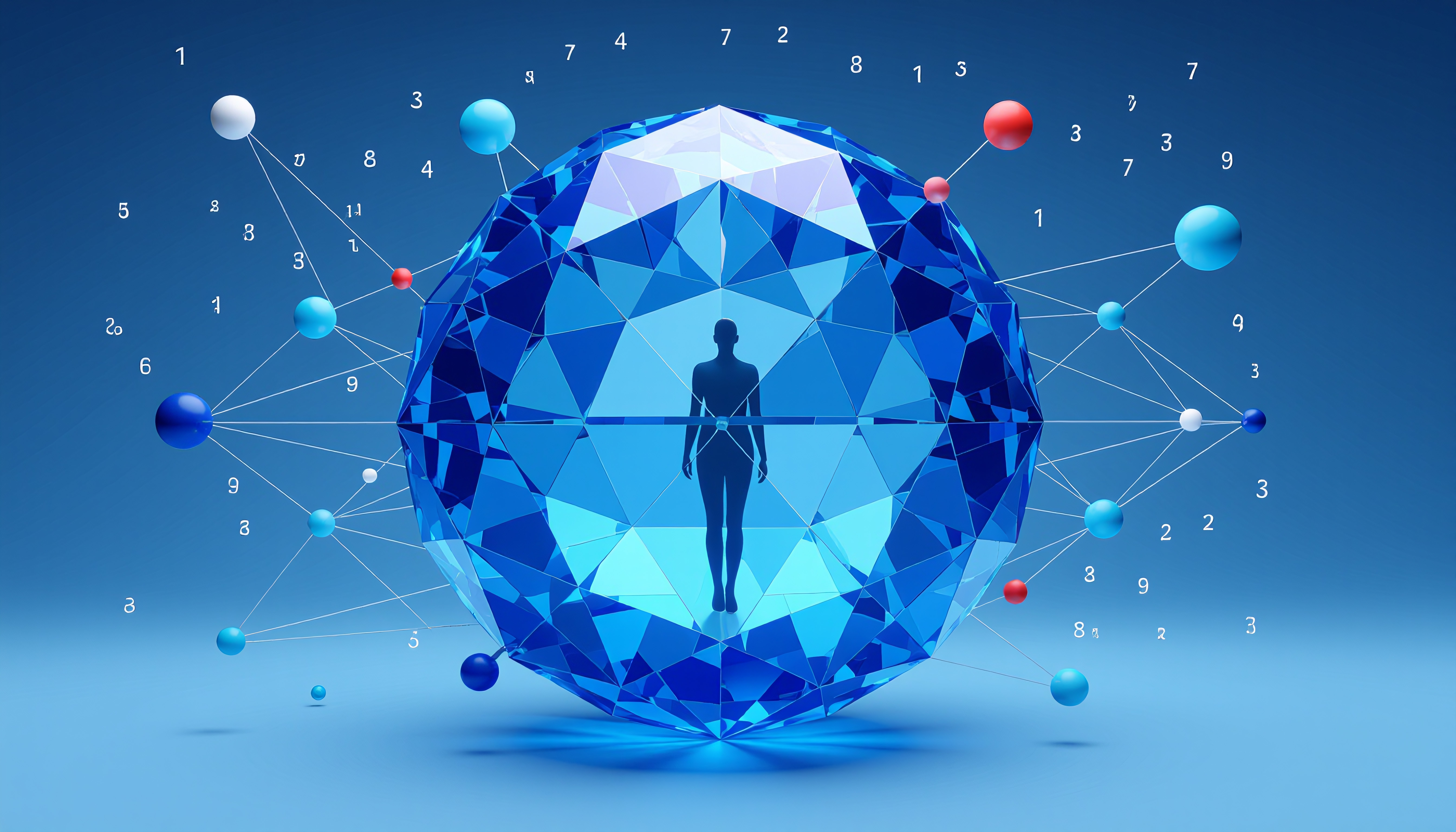 A human silhouette inside a networked, geometric blue sphere with scattered numbers, symbolizing technology and data analysis.