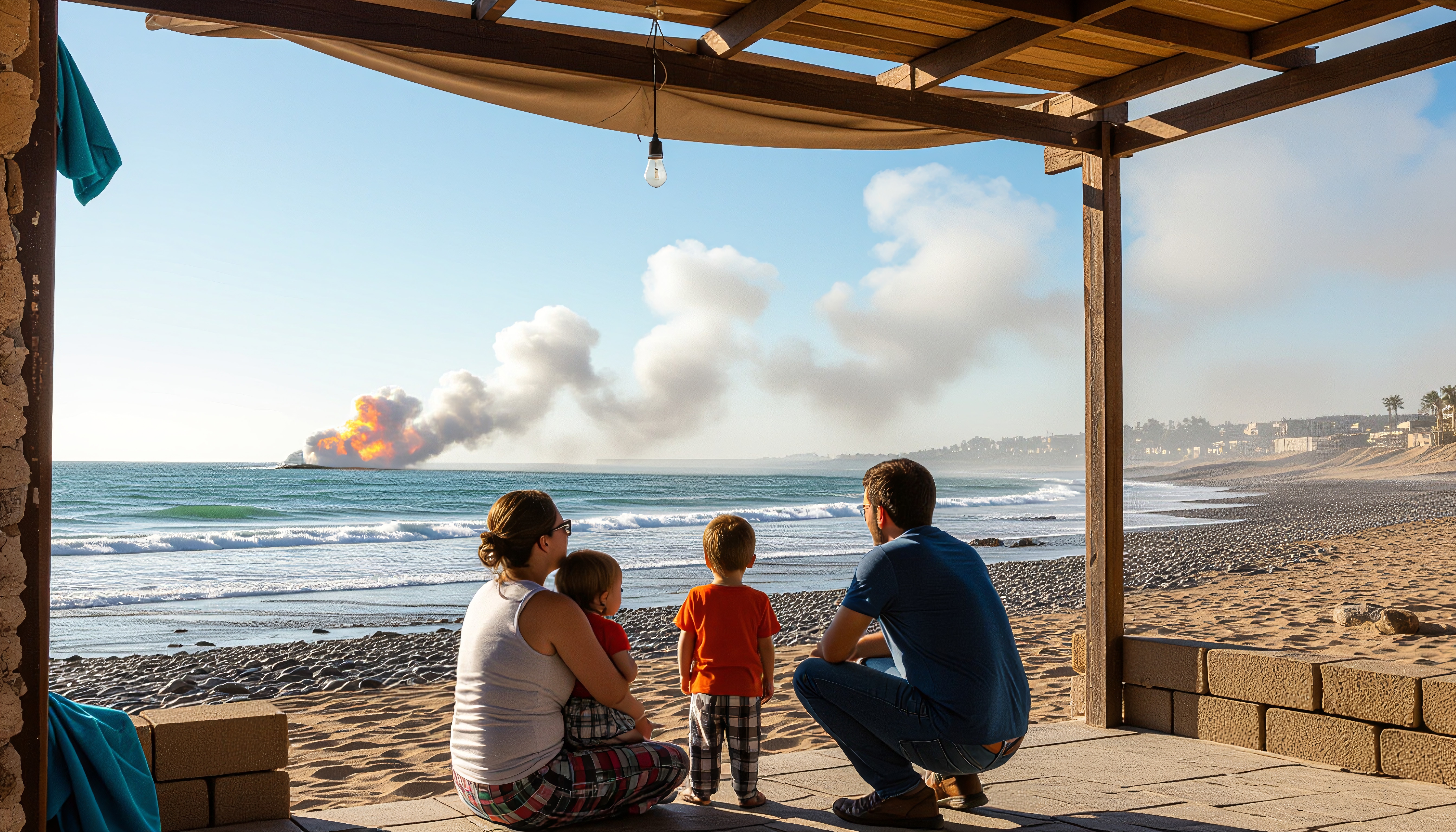 Family sitting on beach watches ship fire at sea.