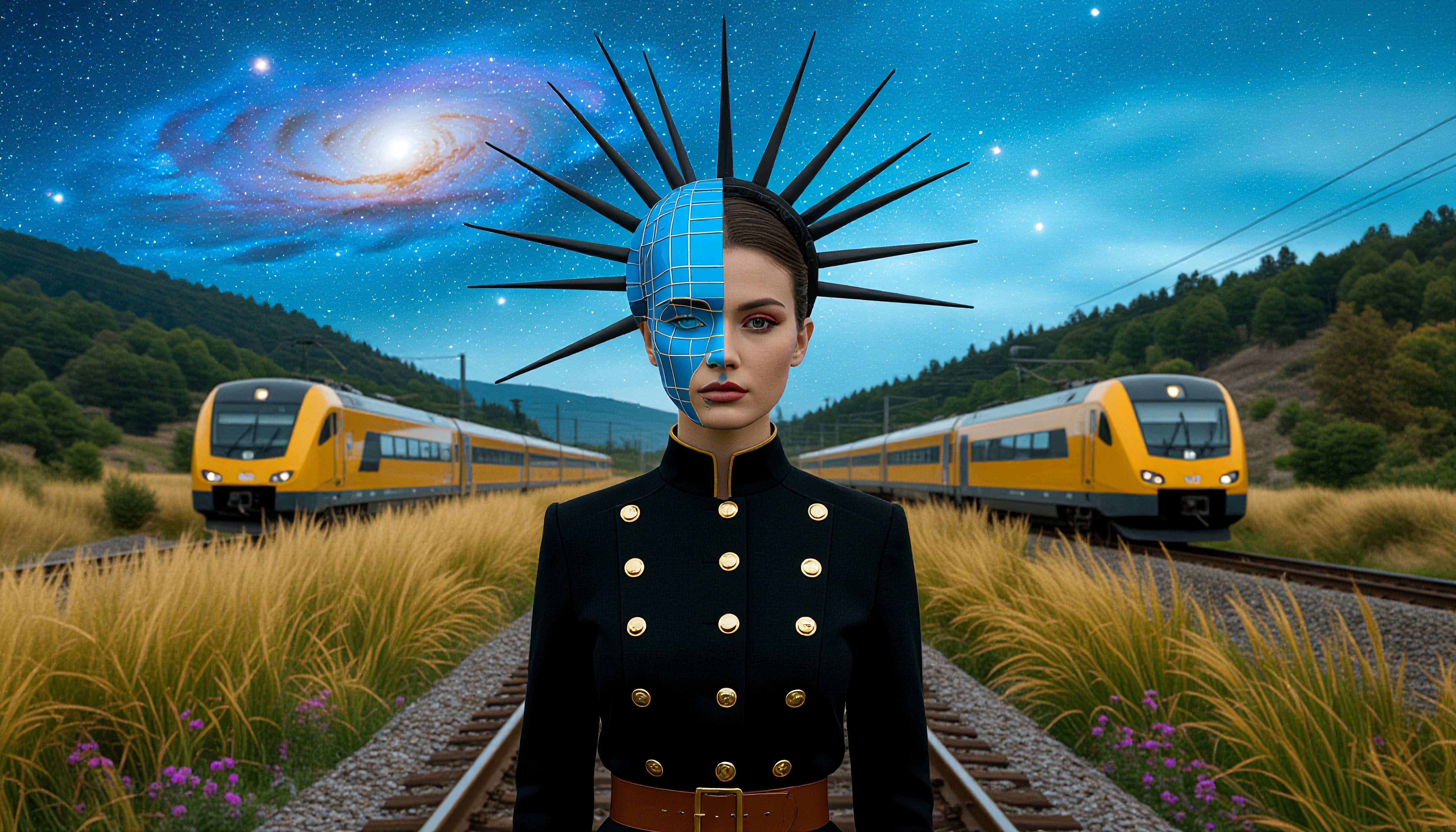 A fashionable figure with a futuristic mask and spikes stands on railway tracks between yellow trains under a starry sky.