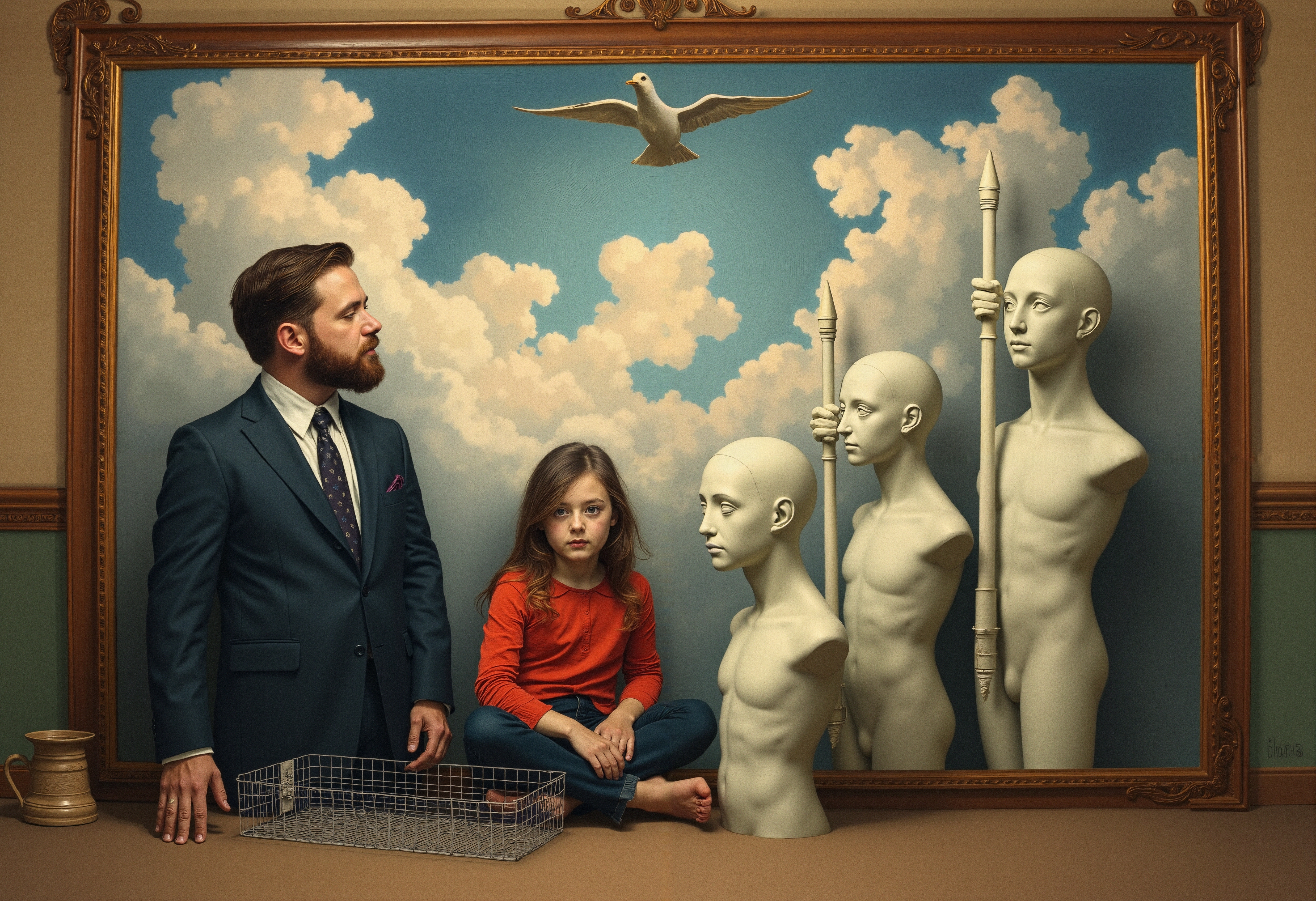 A surreal scene of a man and child with mannequins and a seagull against a cloud backdrop.