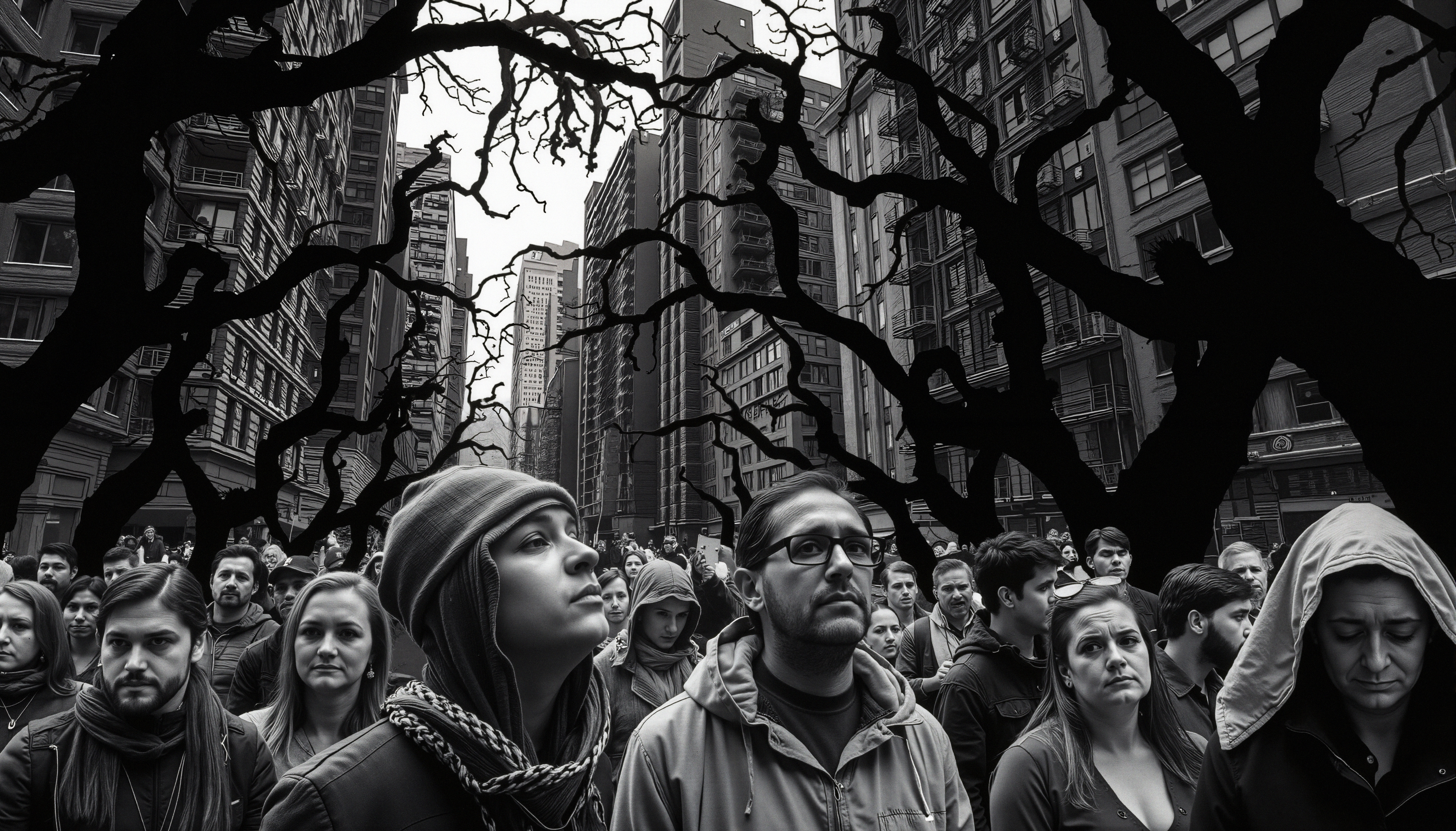 A crowd in city under black branches, creating a surreal, mystical urban scene.