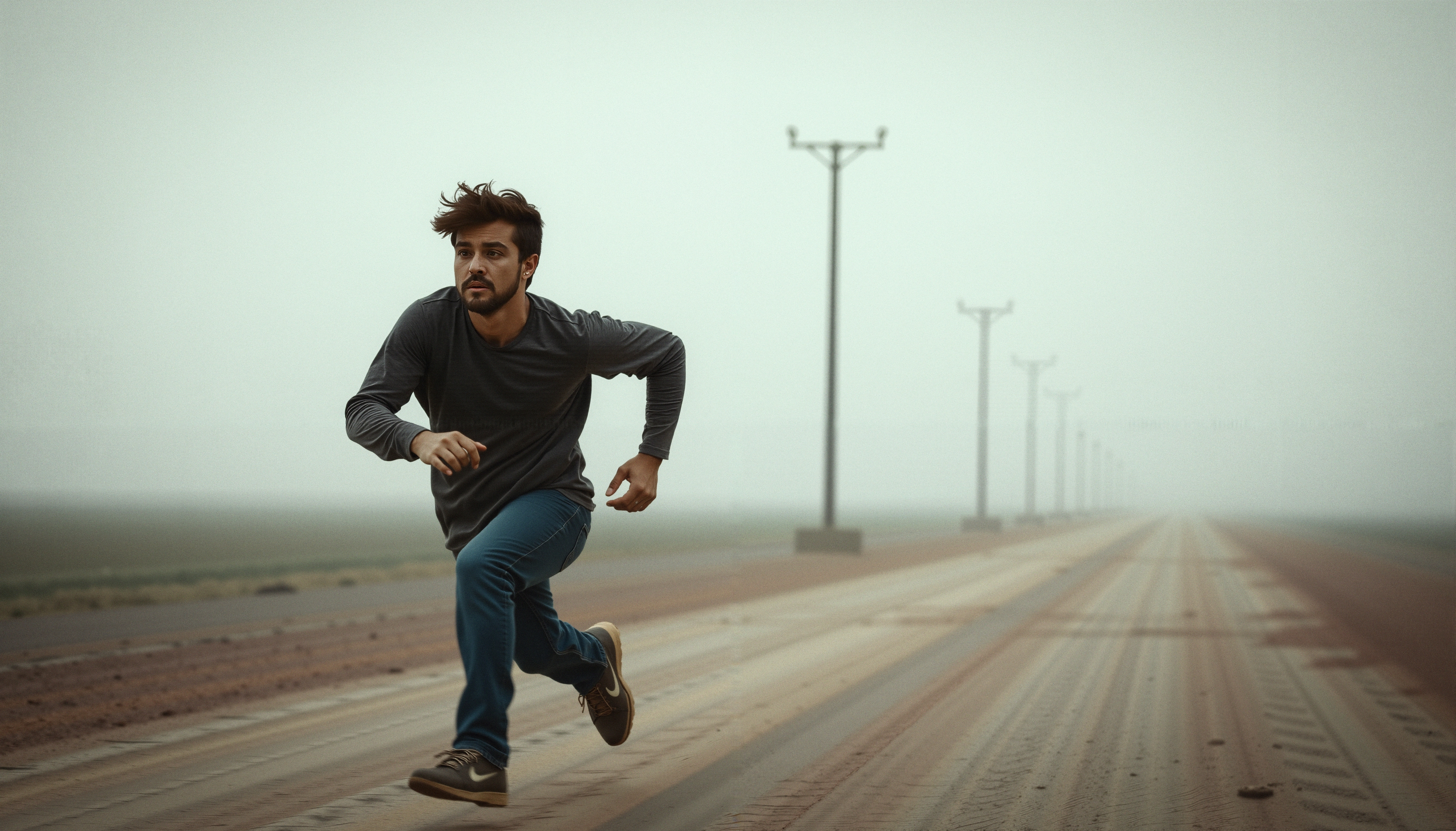 Man running with determination down an empty, misty road lined with telephone poles in a solitary landscape.
