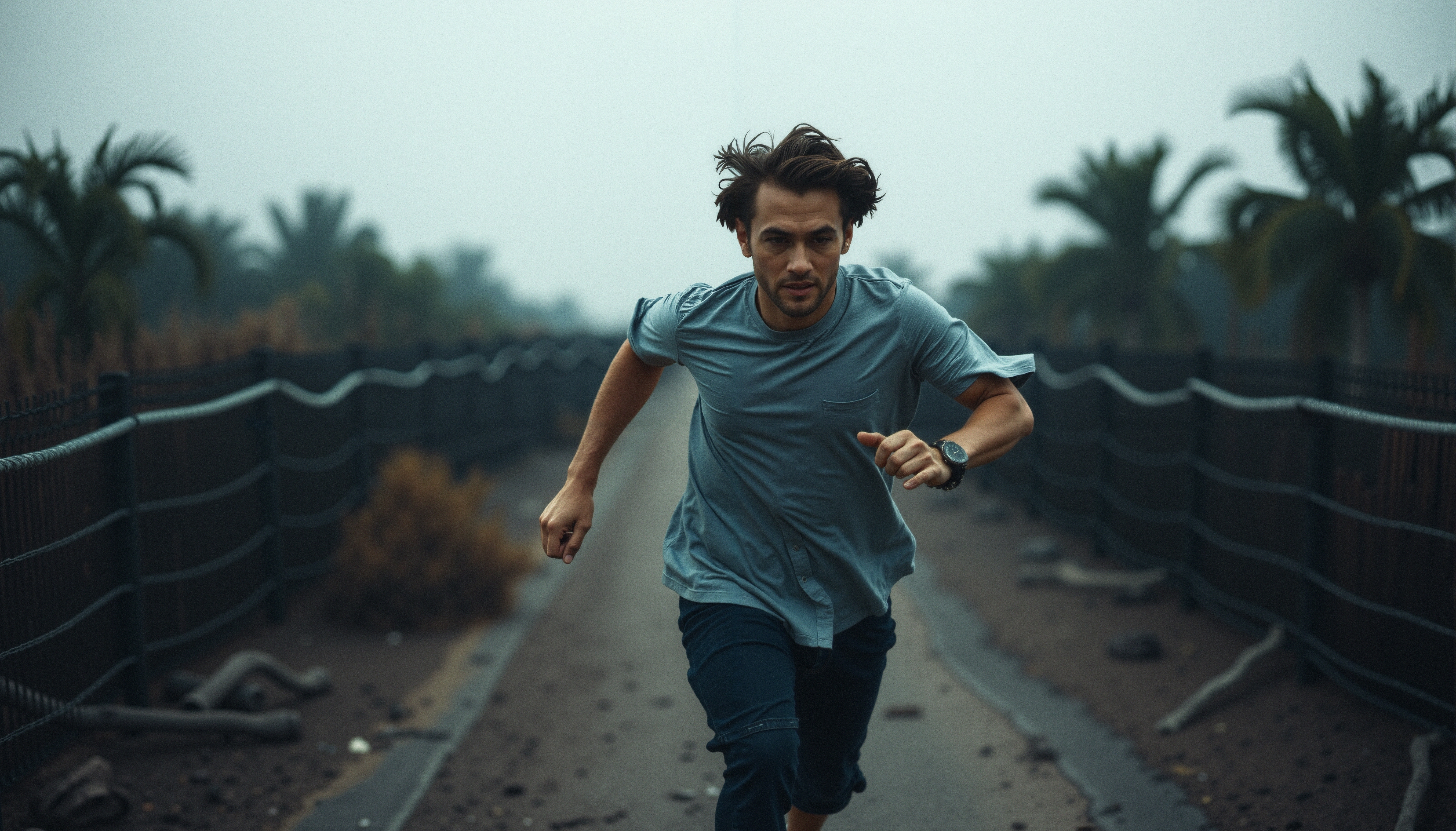 Man running on pathway flanked by palm trees, overcast sky.