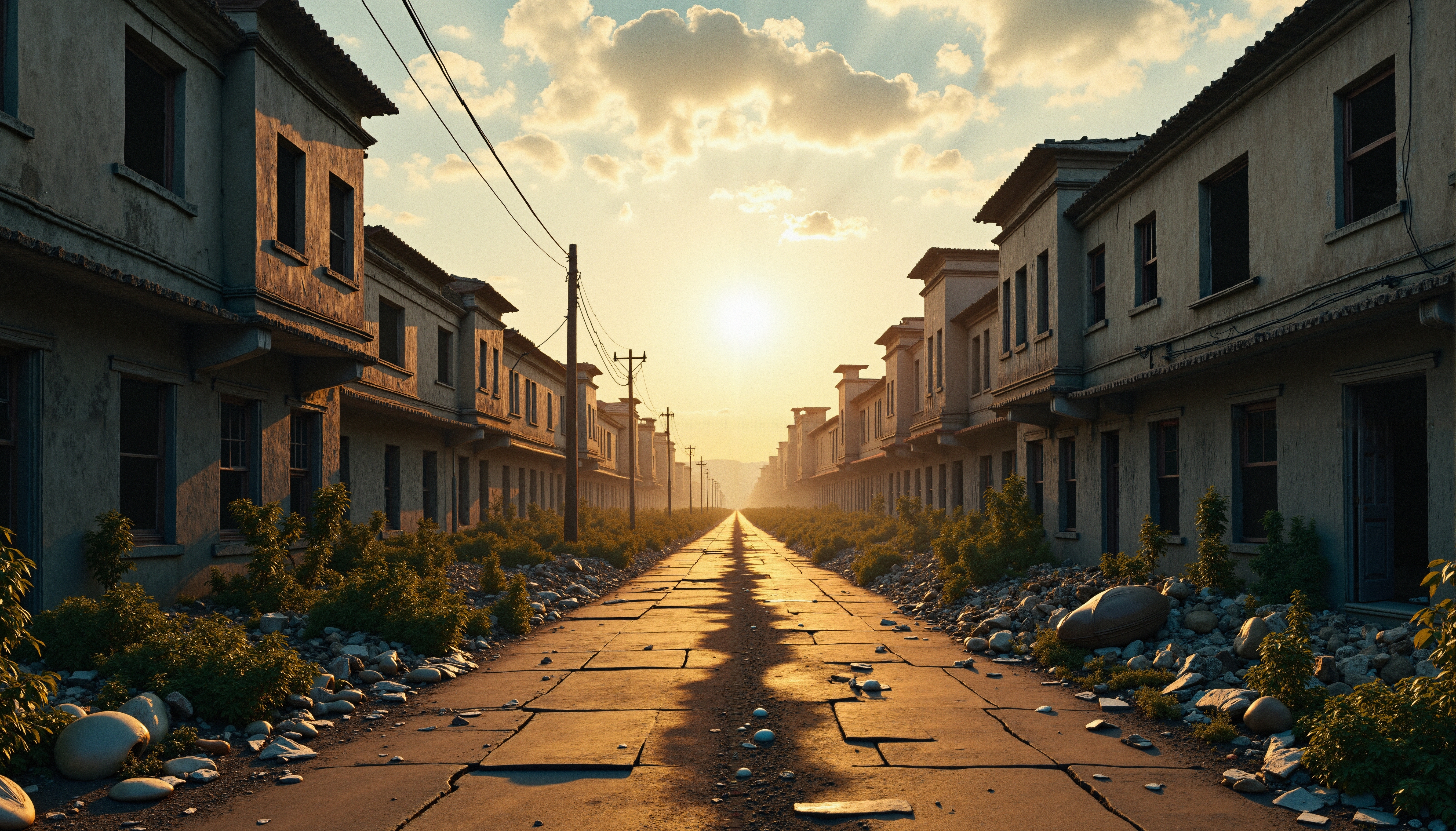 A deserted street lined with abandoned buildings, illuminated by the warm glow of a sunset, creating a dramatic scene of neglect and solitude.