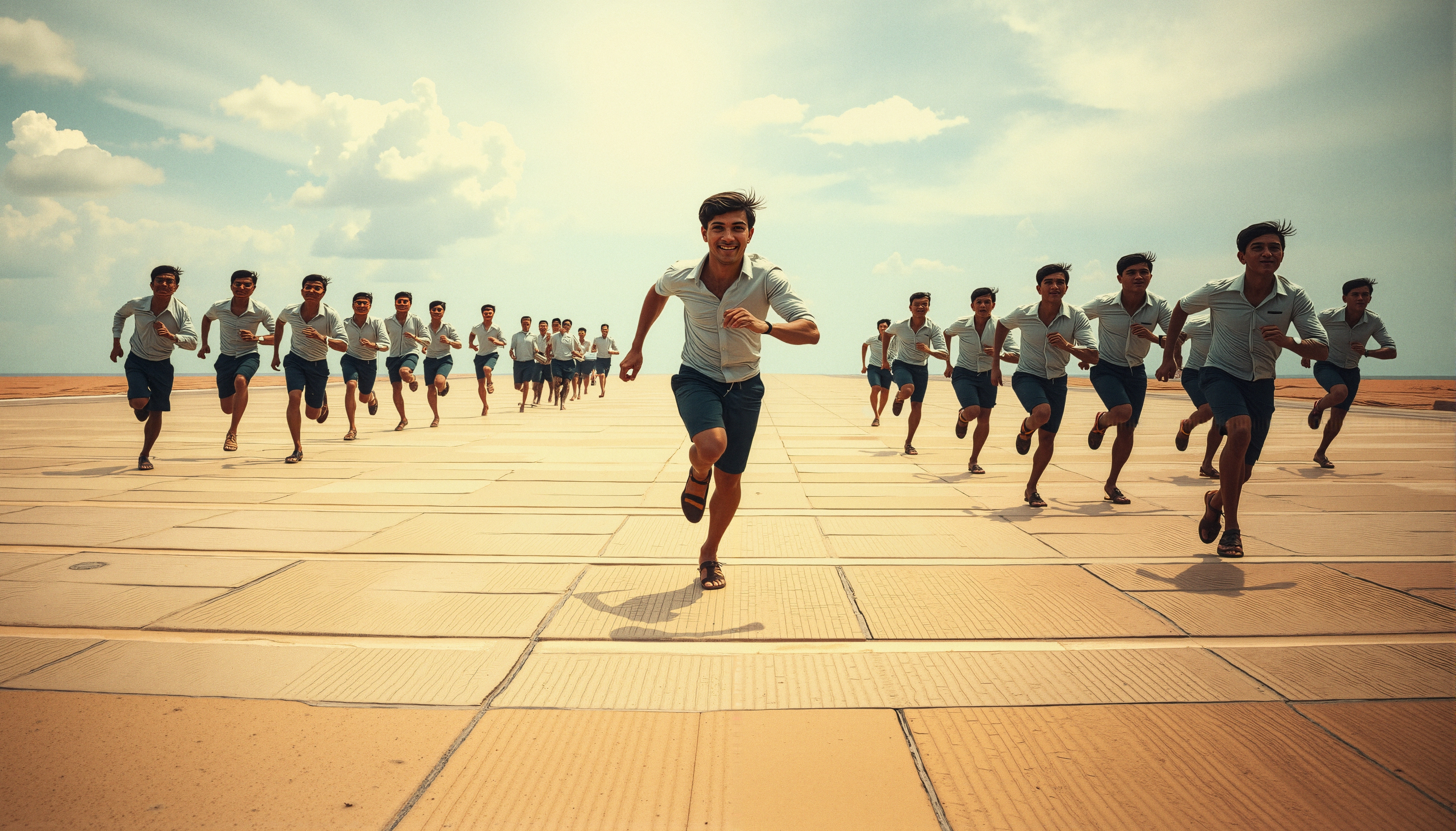 Young men energetically running forward outdoors.