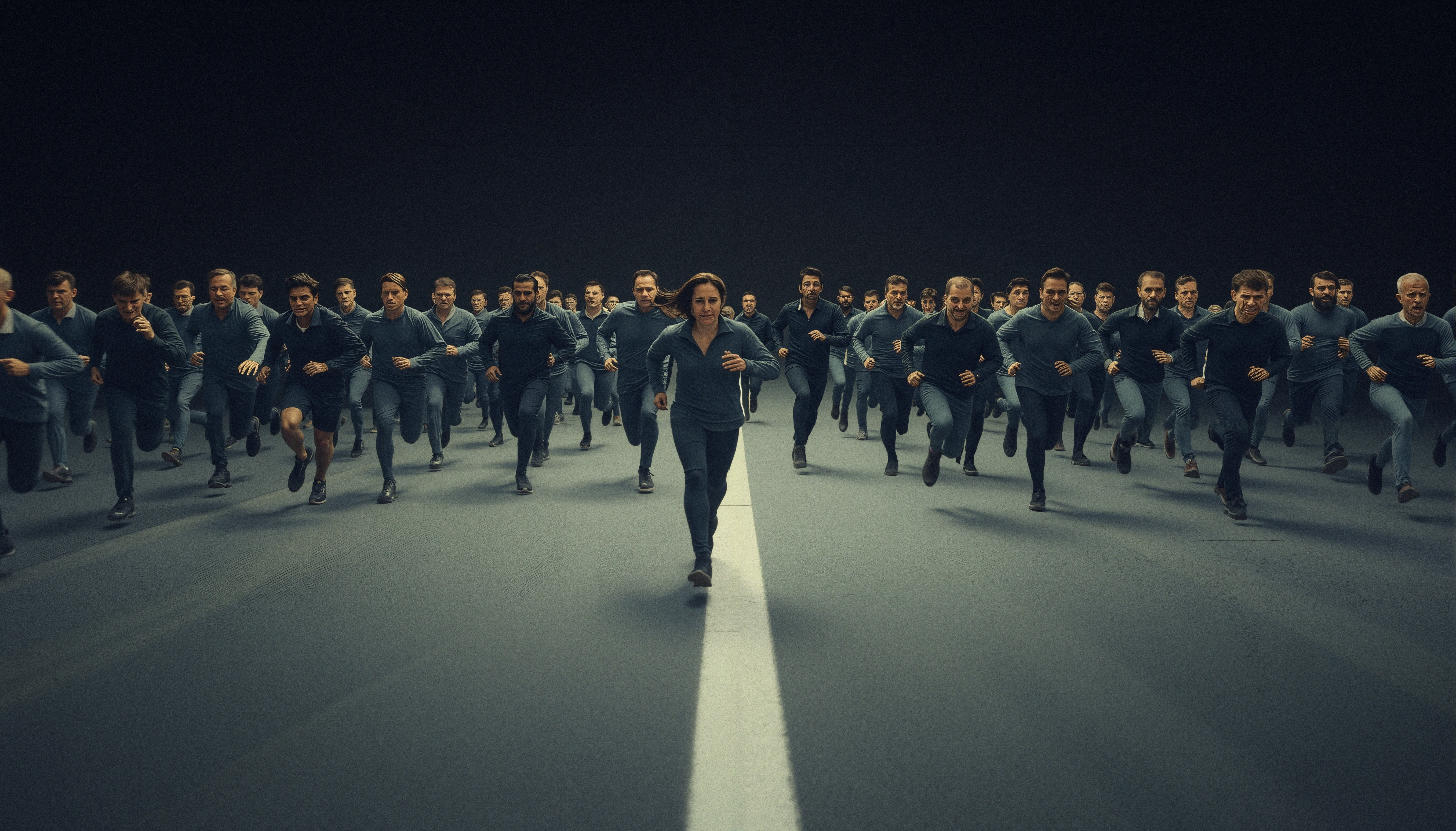 Runners on path white line leading woman team movement dark background