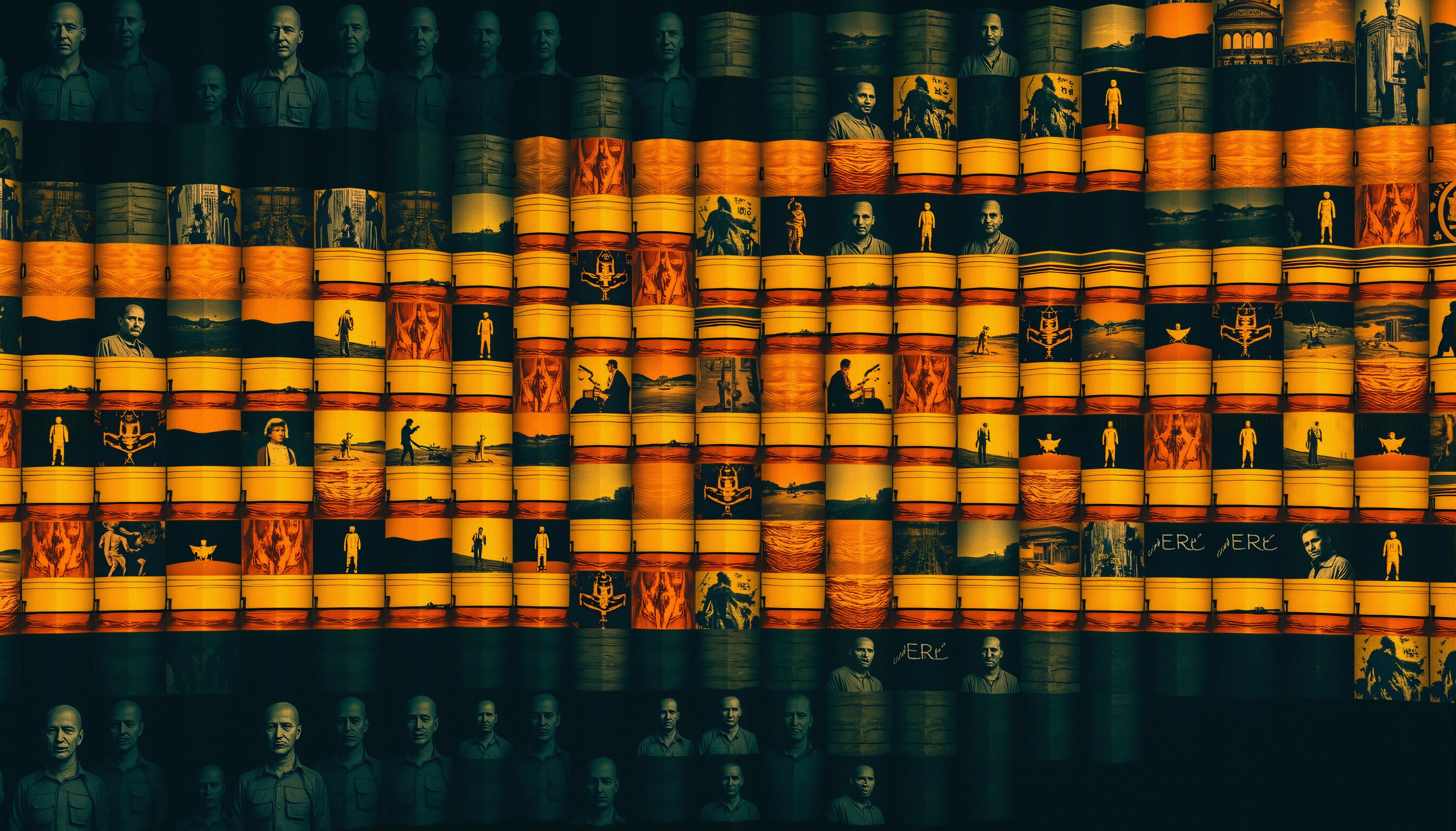 Abstract montage featuring portraits, landscapes, and patterns in vibrant orange and black.