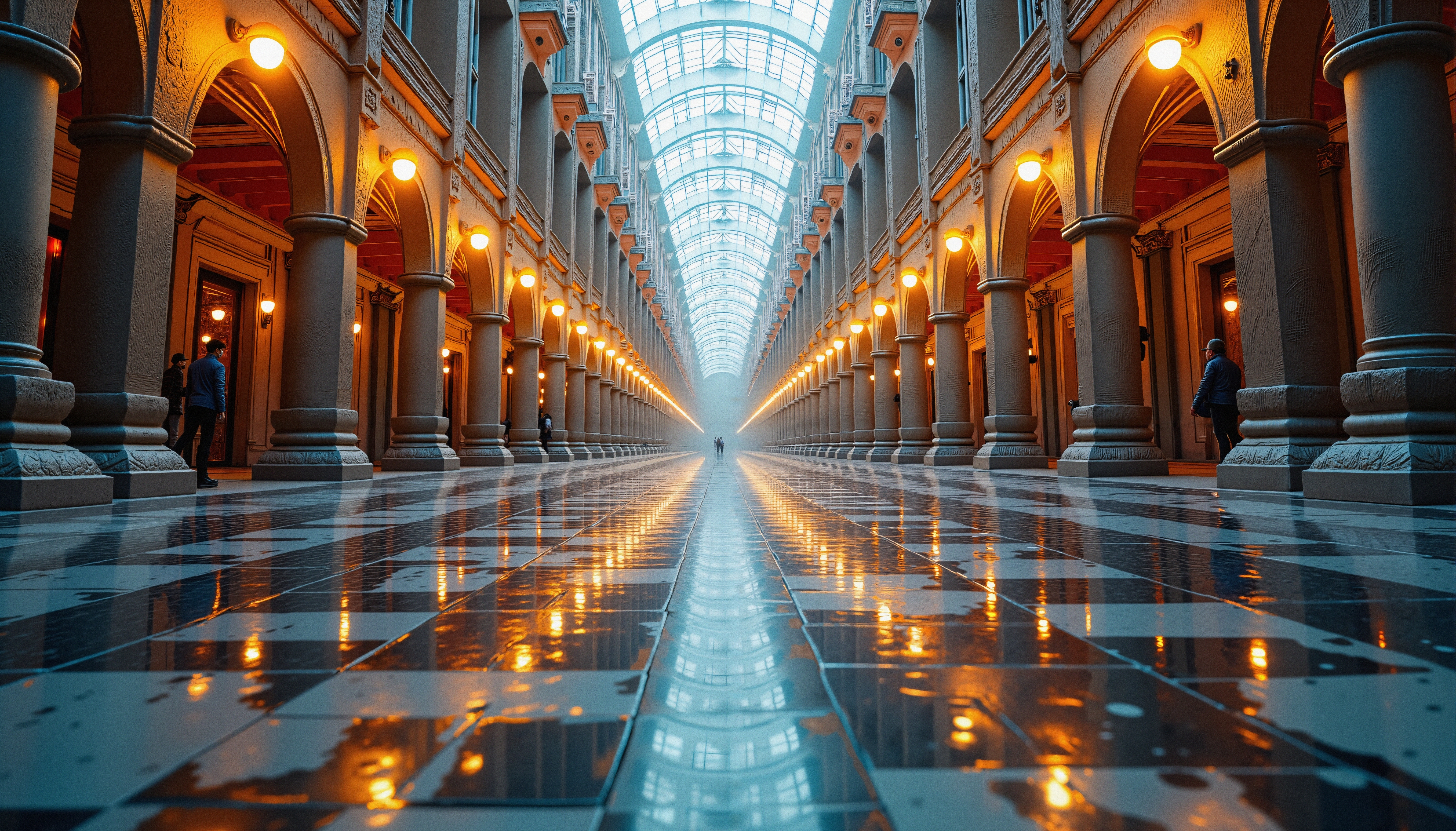 Majestic hallway with reflections and arches.