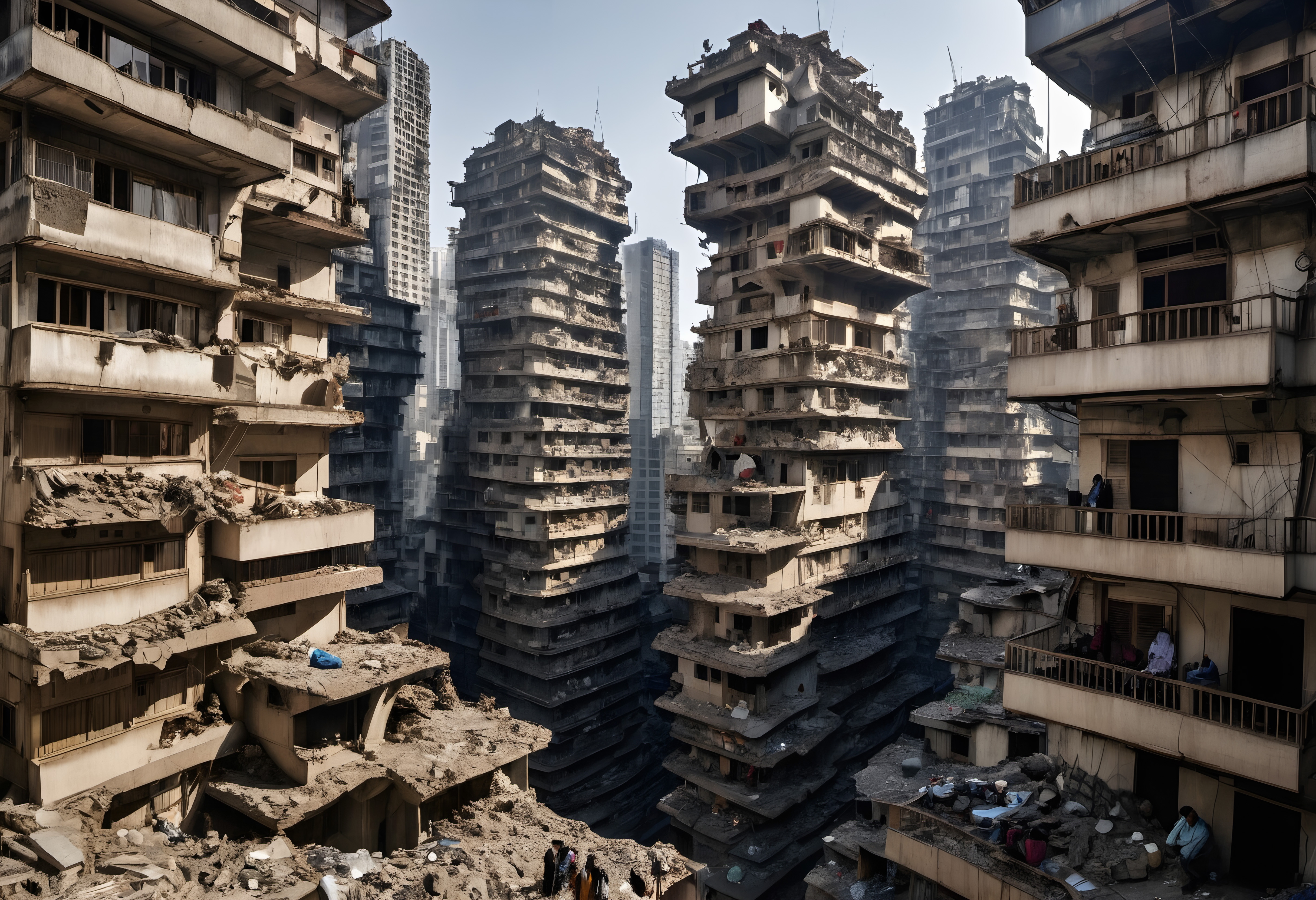 Crumbling Skyscrapers Amidst Modern Towers