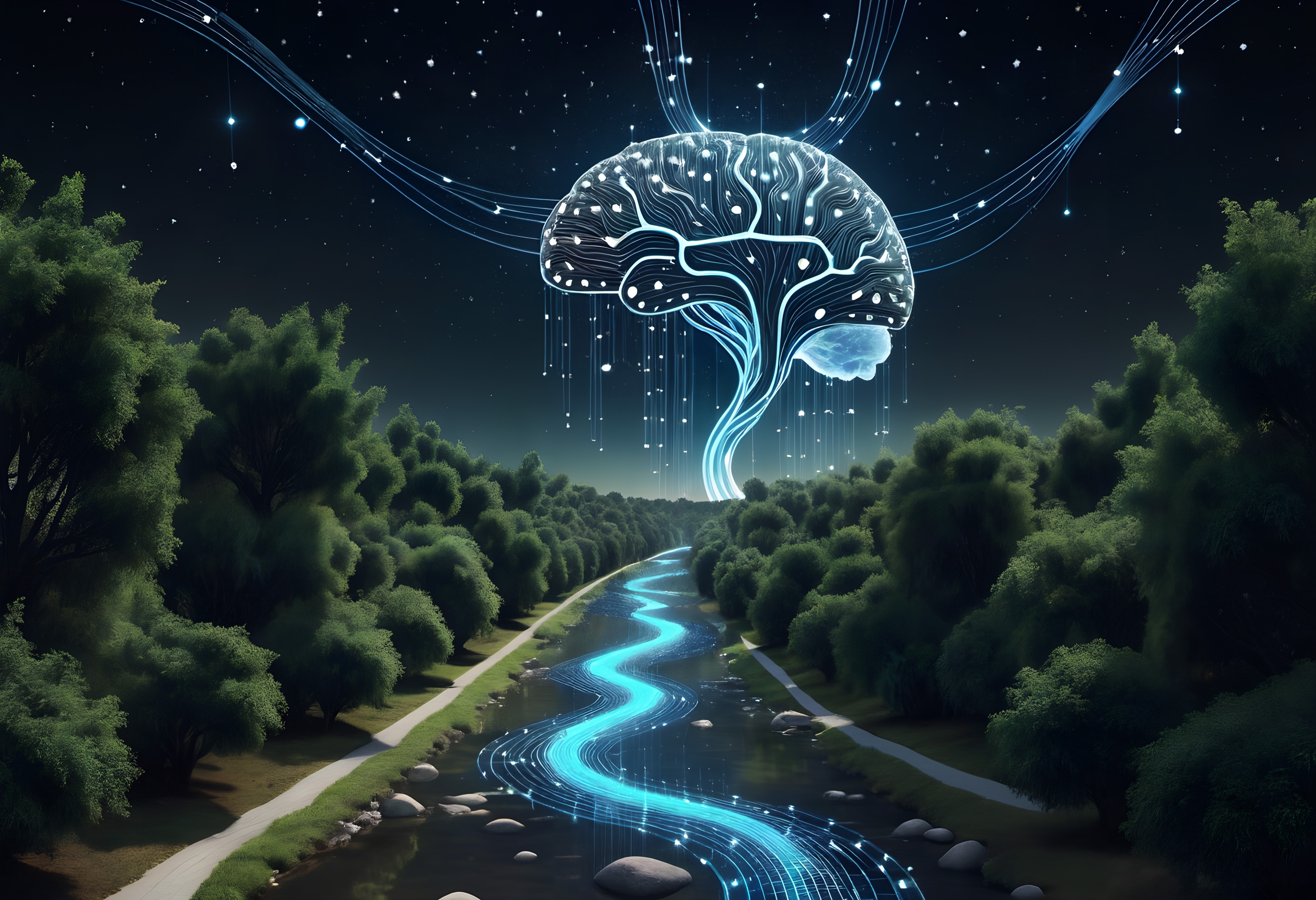 Illuminated brain and river intertwine with nature depicting futuristic harmony.