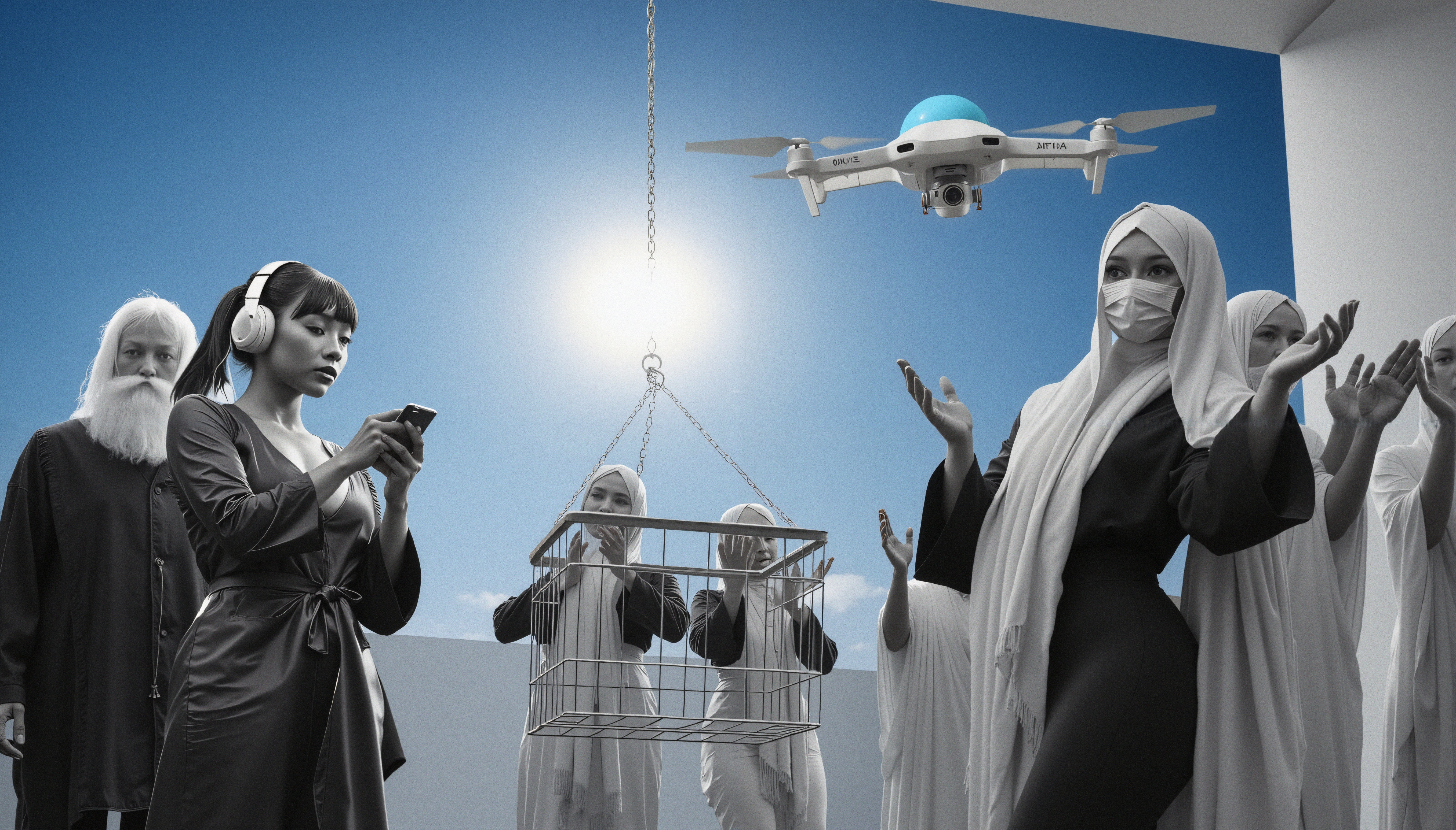 Drone hovering over suspended cage with people in hijabs, mask, headphones; blue sky backdrop