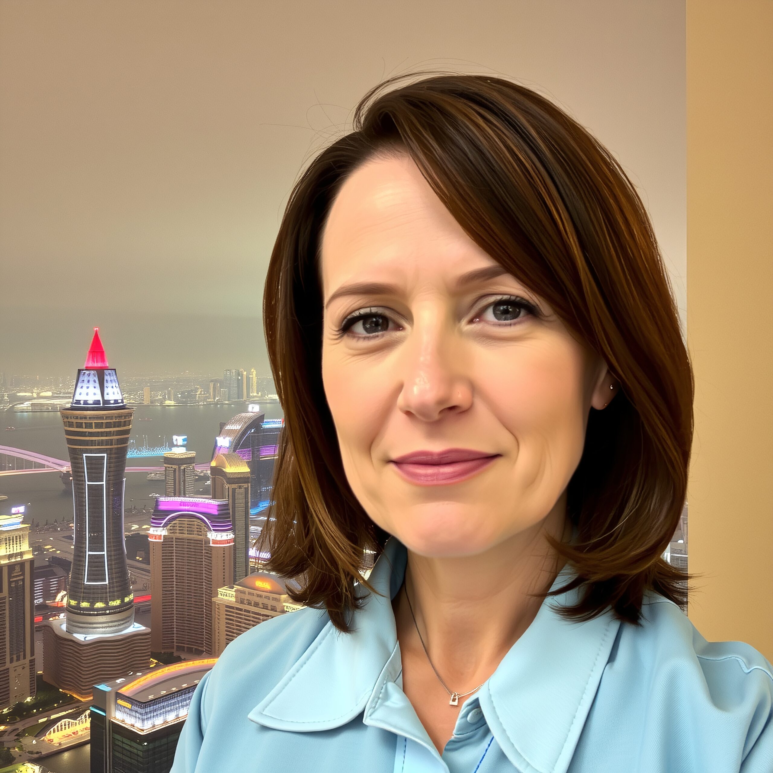 Business Professional Portrait Against Shanghai Cityscape at Dusk.