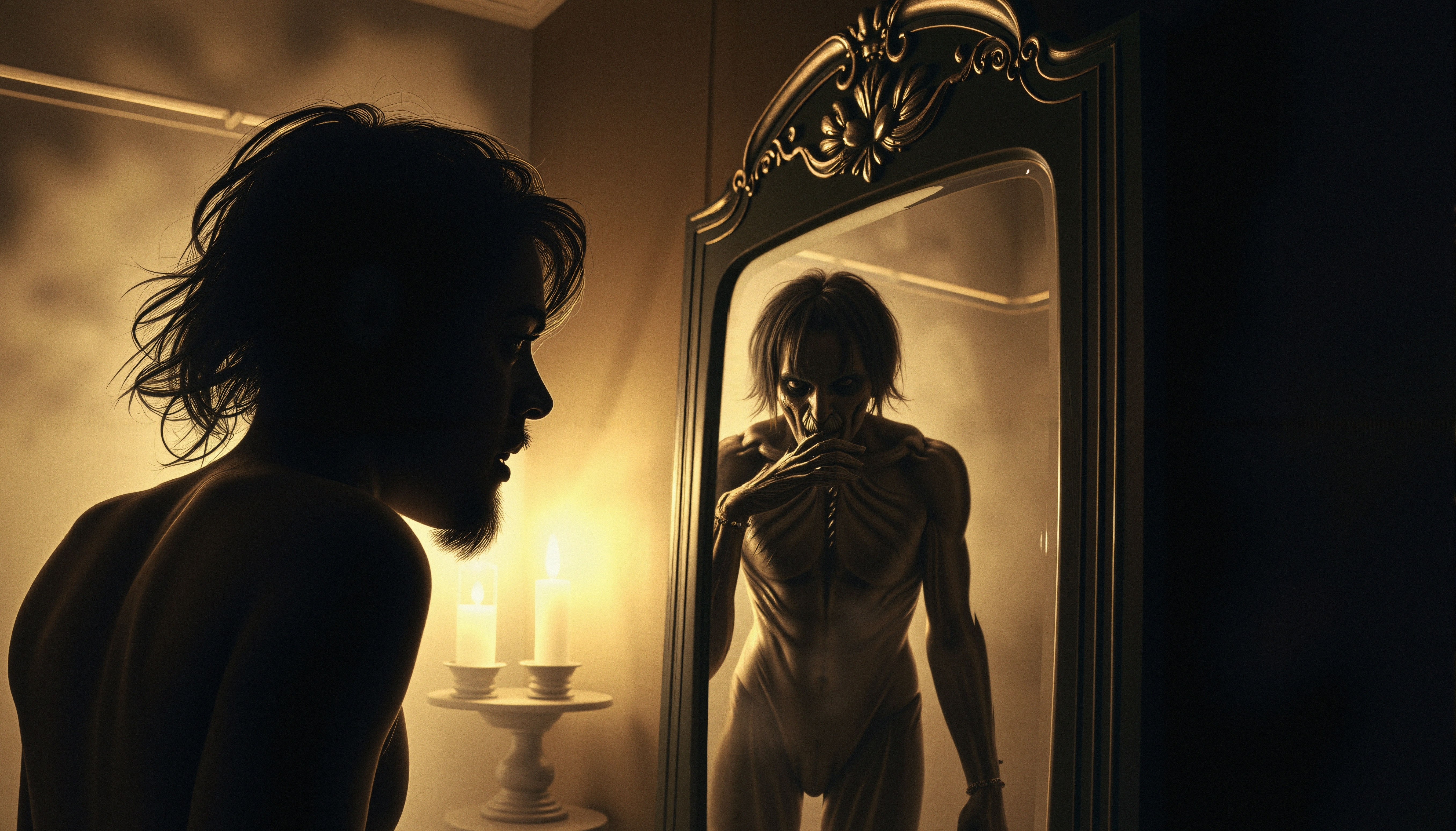 A man confronting a sinister reflection in a dimly lit room with candles.
