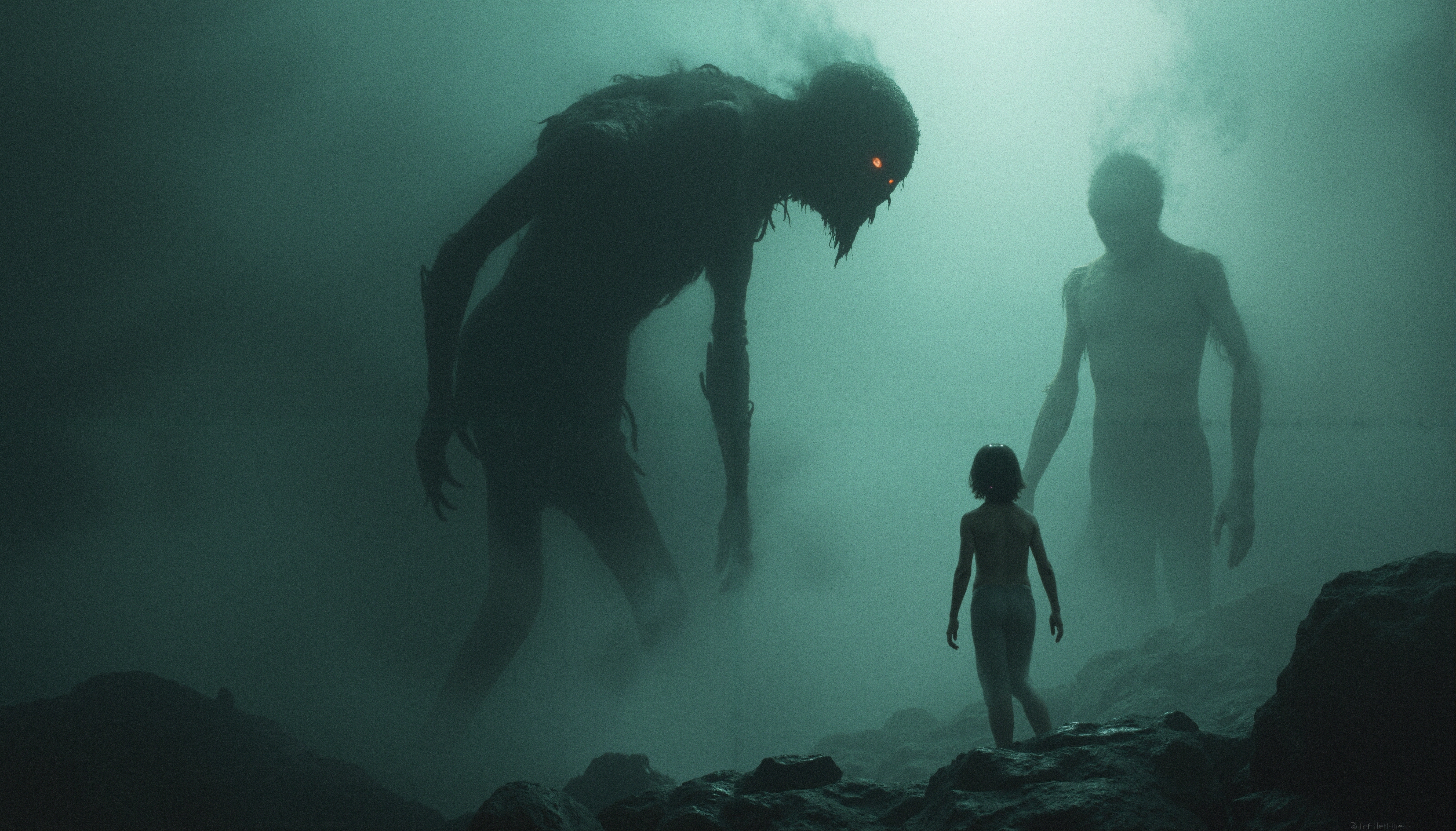 A small child faces two ominous, towering figures in a foggy, eerie landscape.