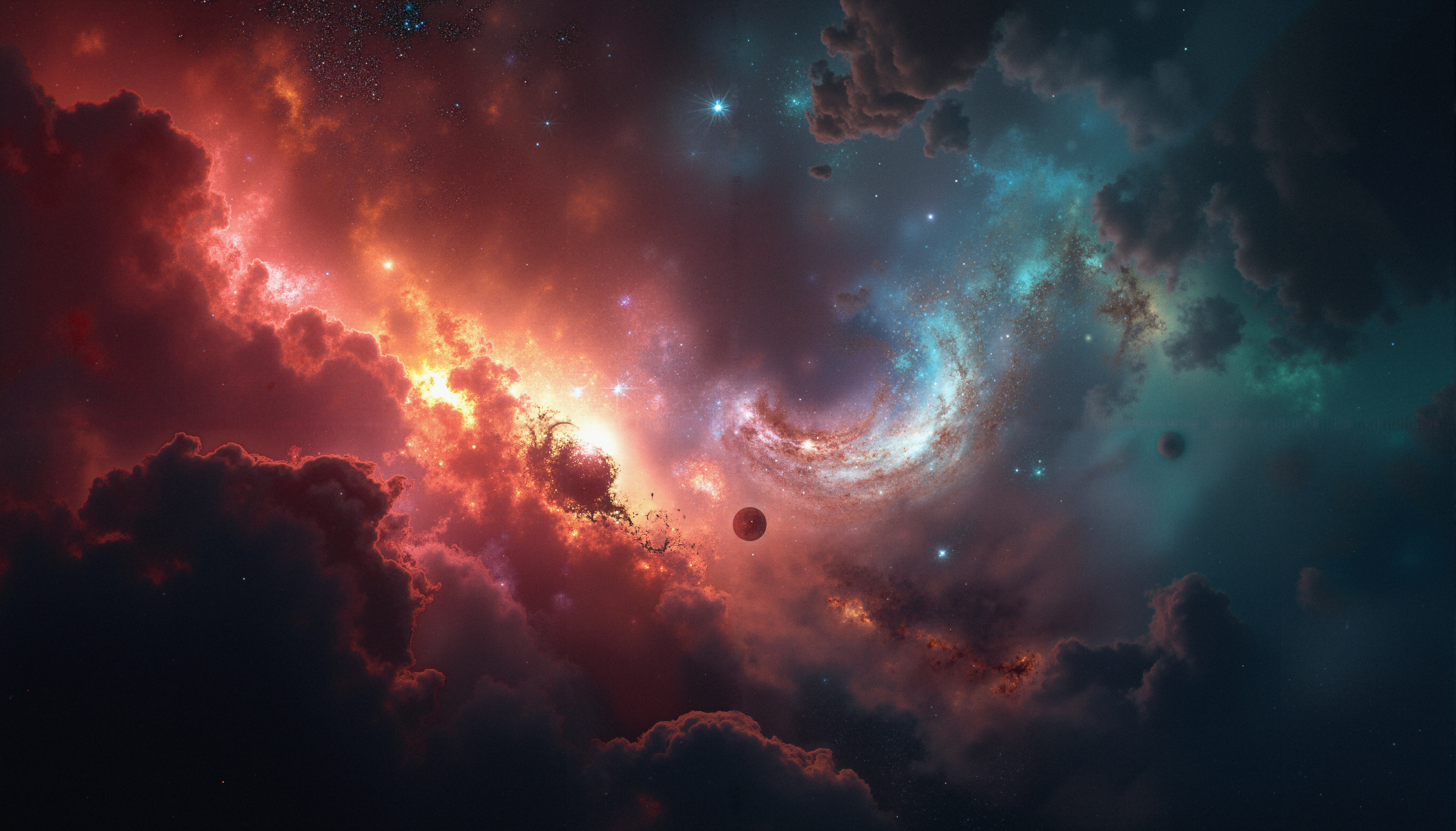 Stunning colorful nebula galaxy wallpaper with floating planets and bright stars