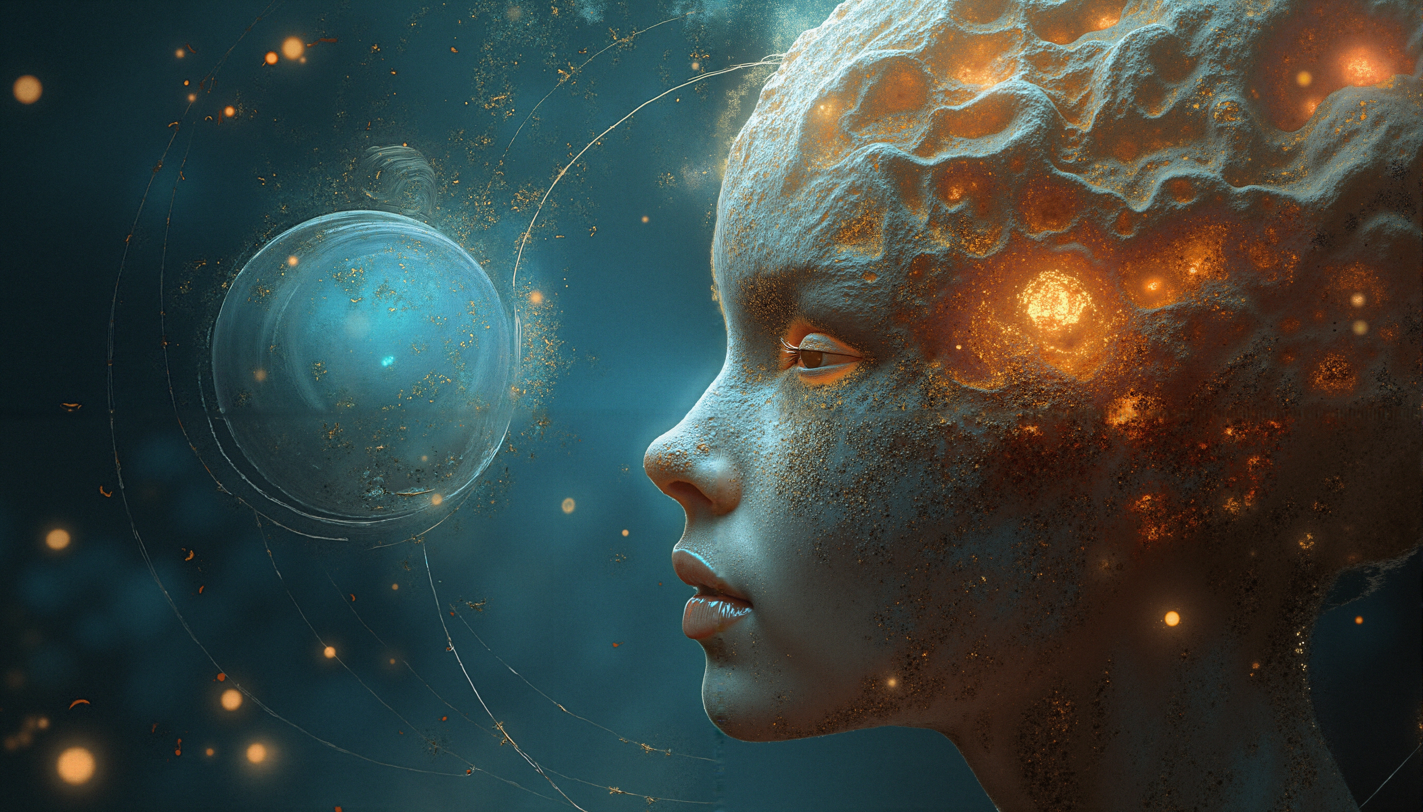 Futuristic humanoid with cosmic aura.