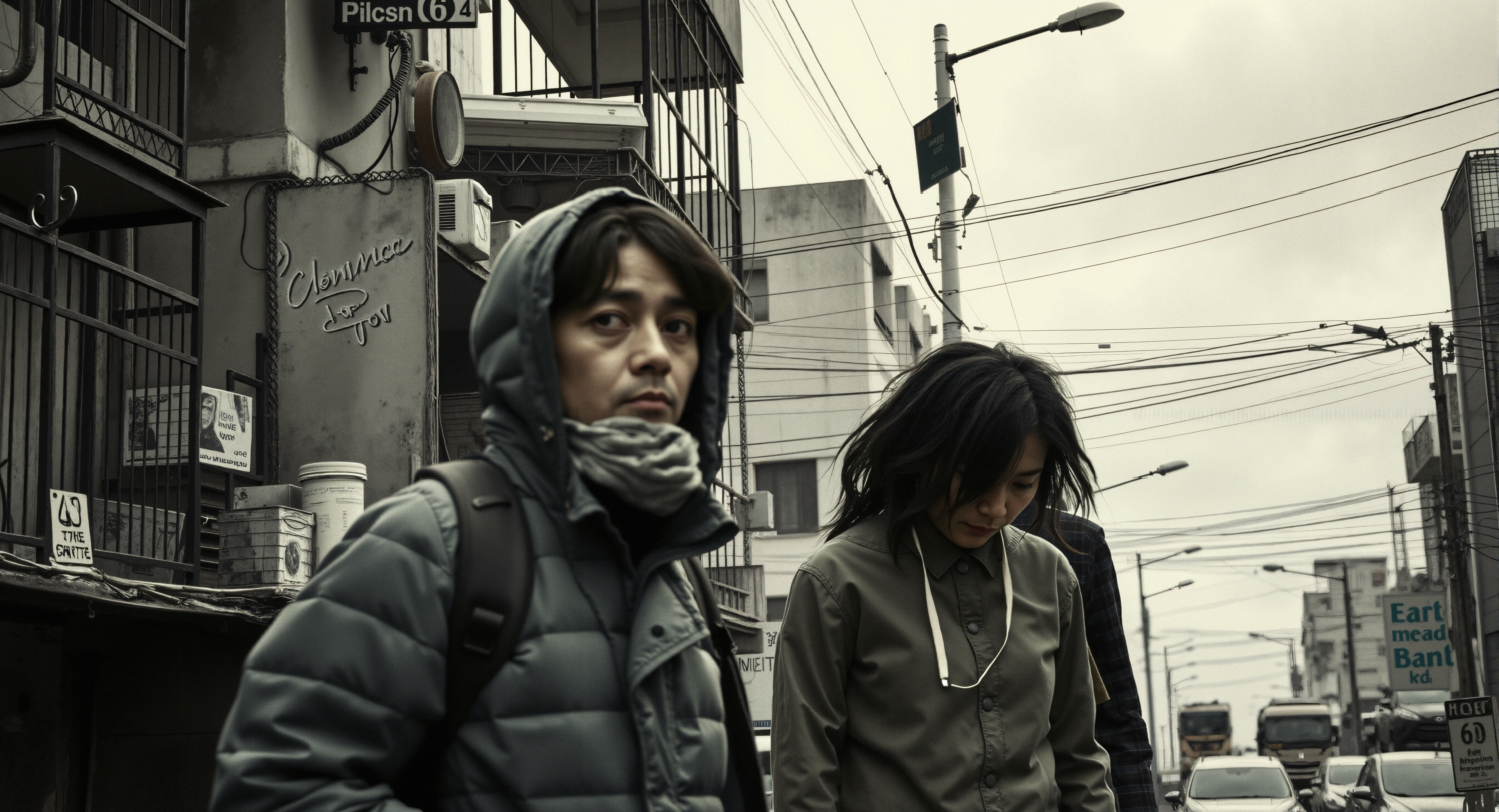 A man and woman walk through a city street, wrapped in winter clothing, with a gray, urban backdrop and overcast skies, conveying a sense of isolation.