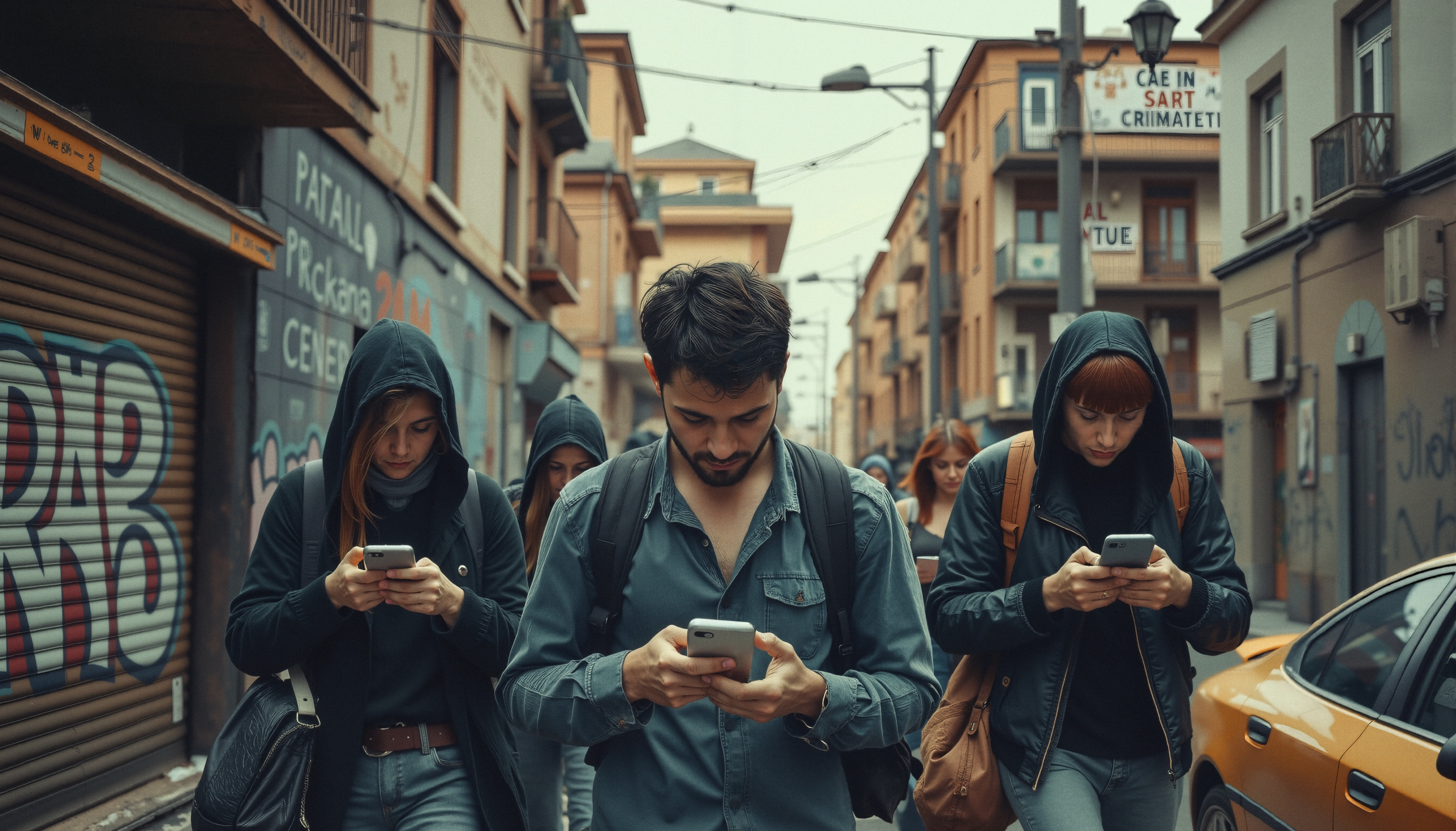 A group of people walking down an urban street, absorbed in their smartphones amidst a cityscape backdrop.