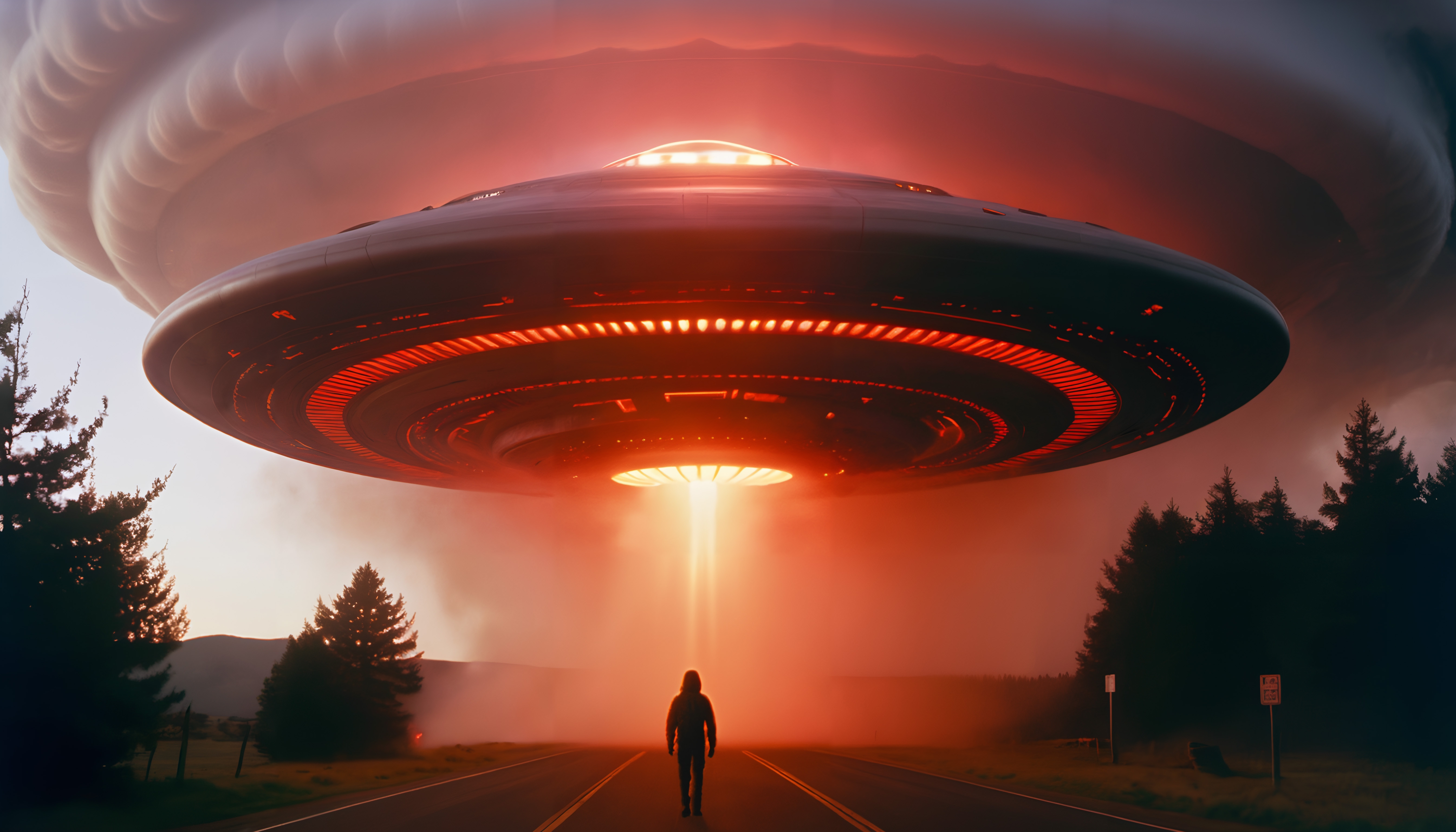 A lone figure stands under a glowing UFO on a rural road, creating an intense and mysterious scene.