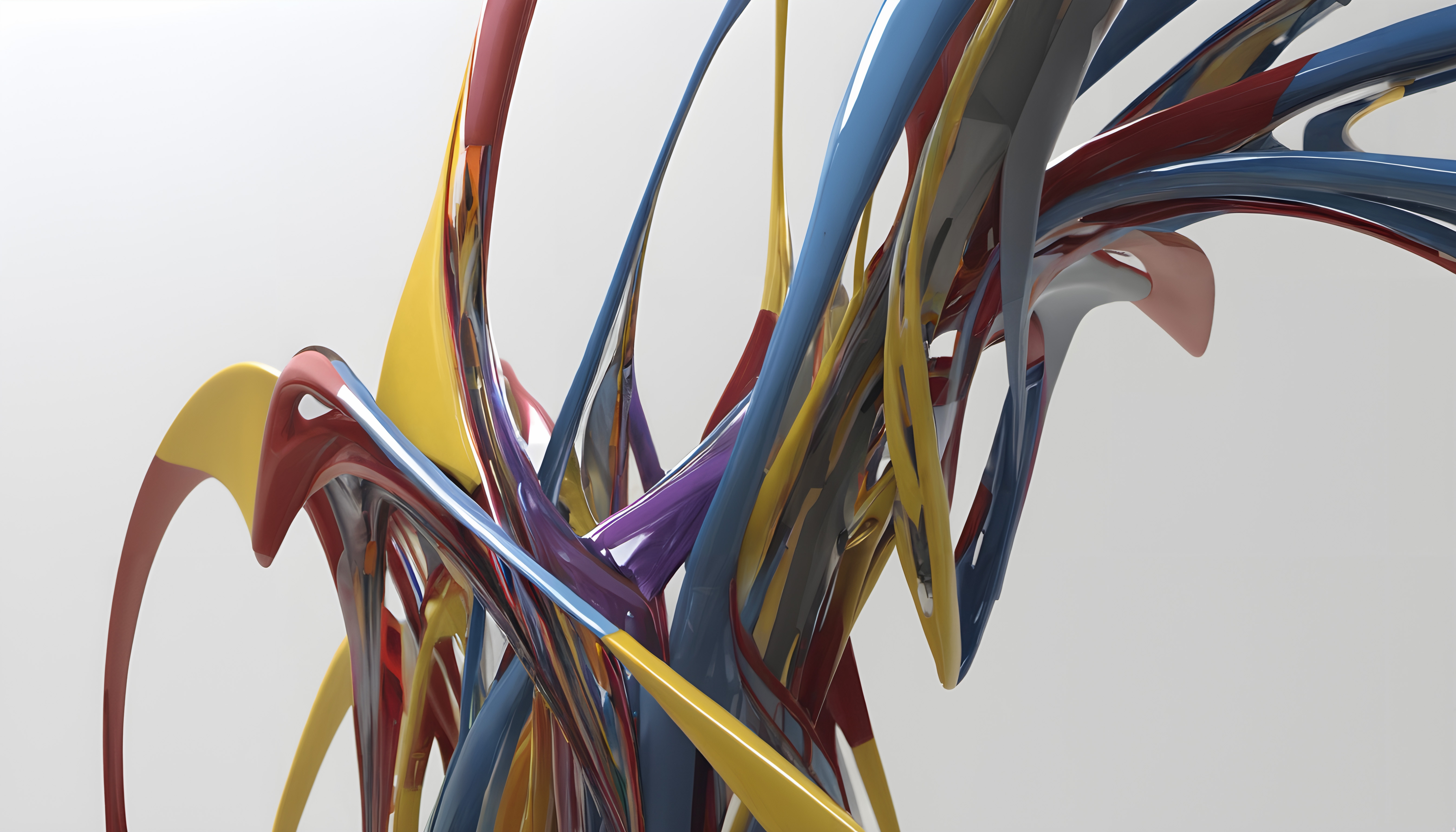Colorful abstract sculpture with intertwined shapes and vibrant curves against a white background.