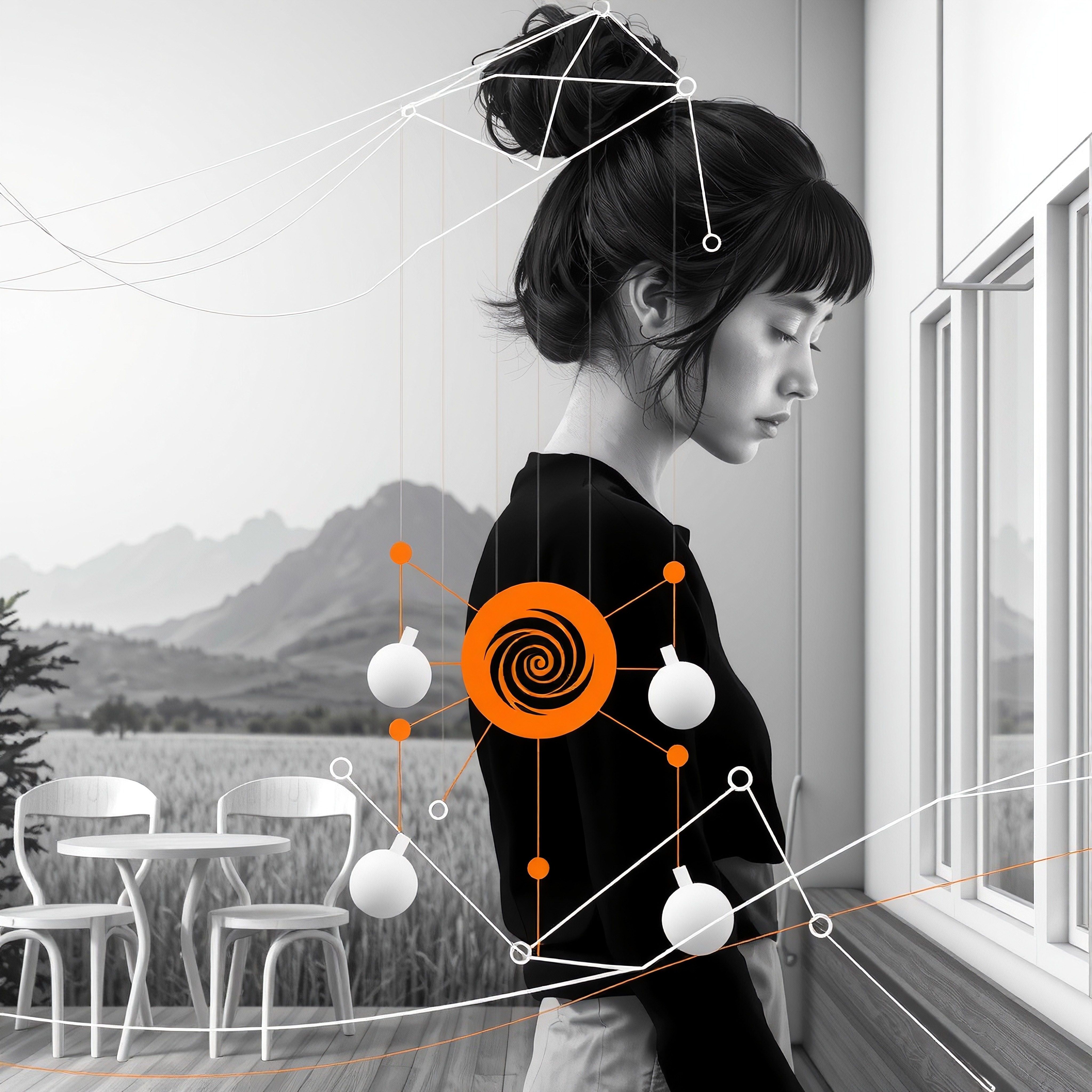 A thoughtful woman in a modern room with abstract digital designs and a scenic mountain view.