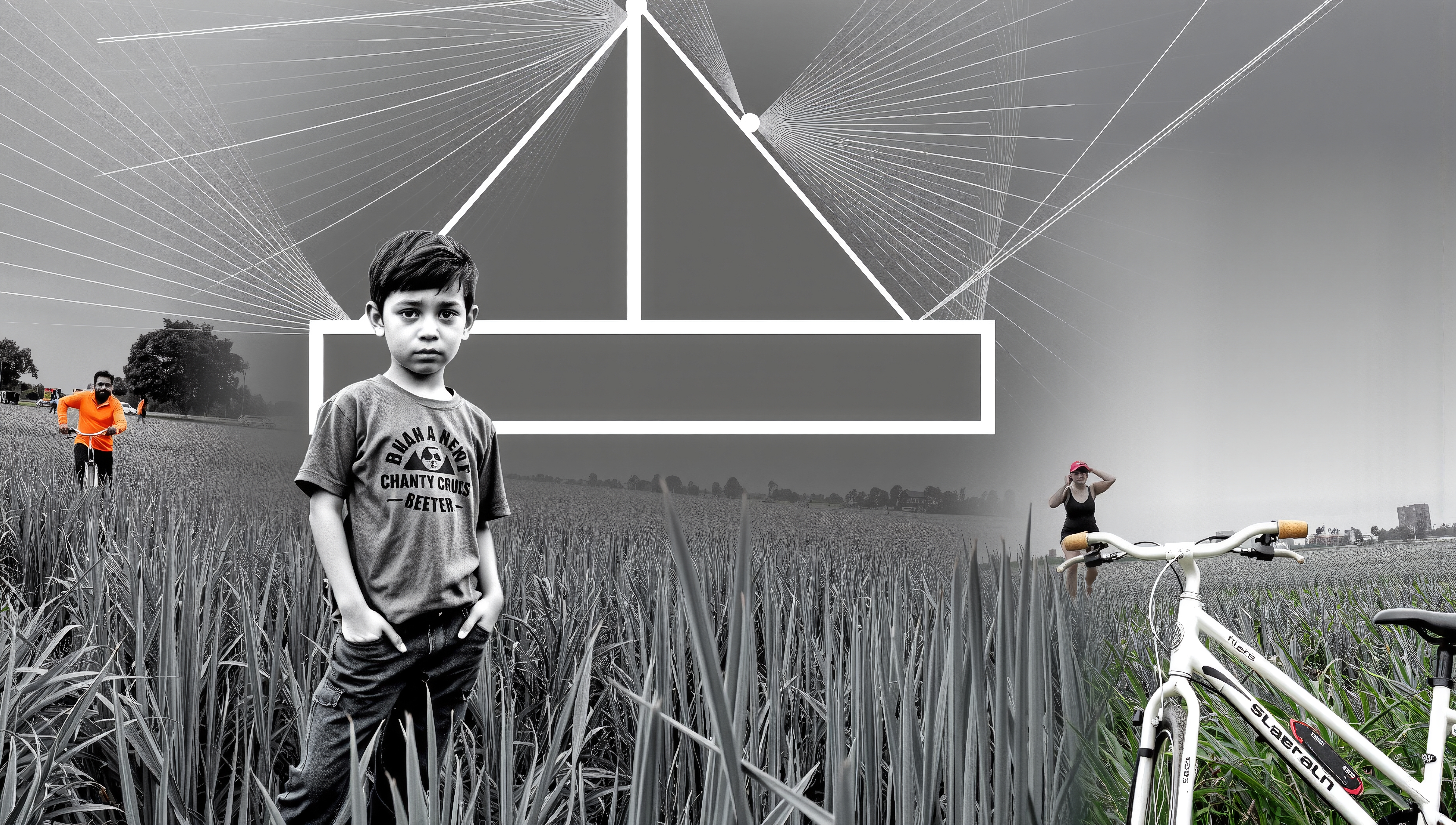 A boy stands in a monochromatic field with bicycles and geometric art creating a surreal atmosphere.