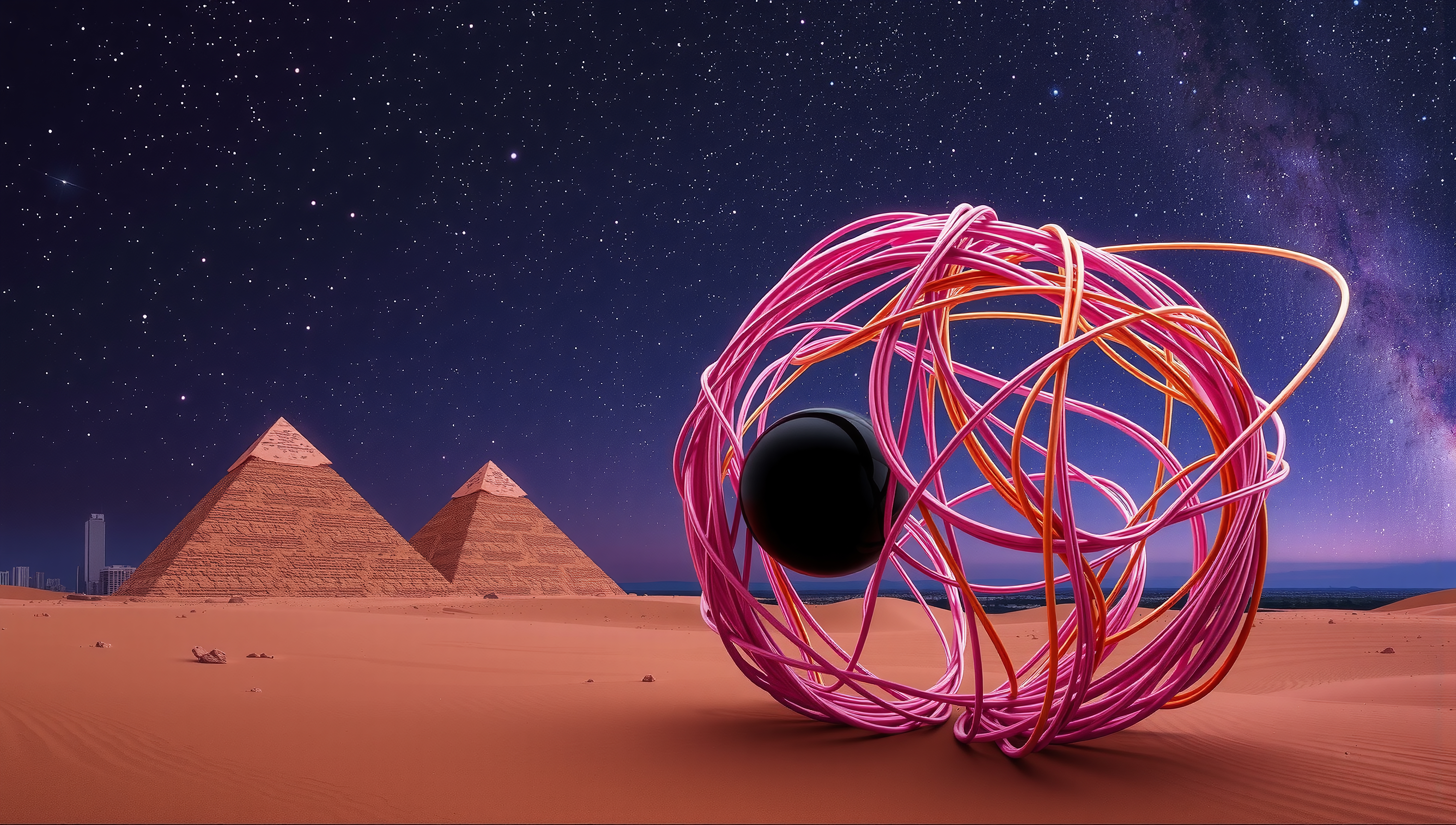 A surreal night desert scene featuring pyramids and an abstract pink and orange sculpture under a starry sky.