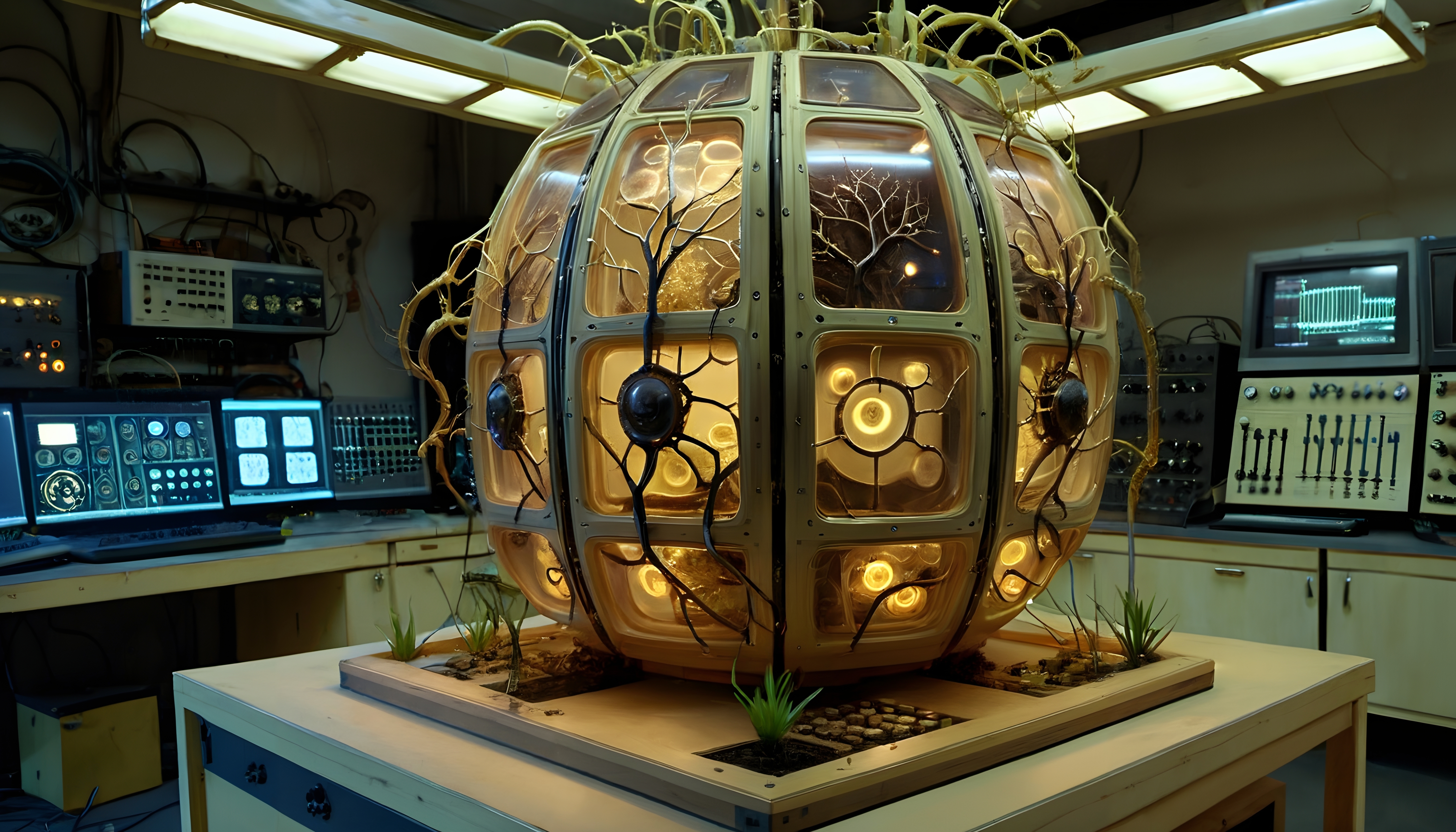 Futuristic laboratory with a glowing spherical apparatus and control panels.