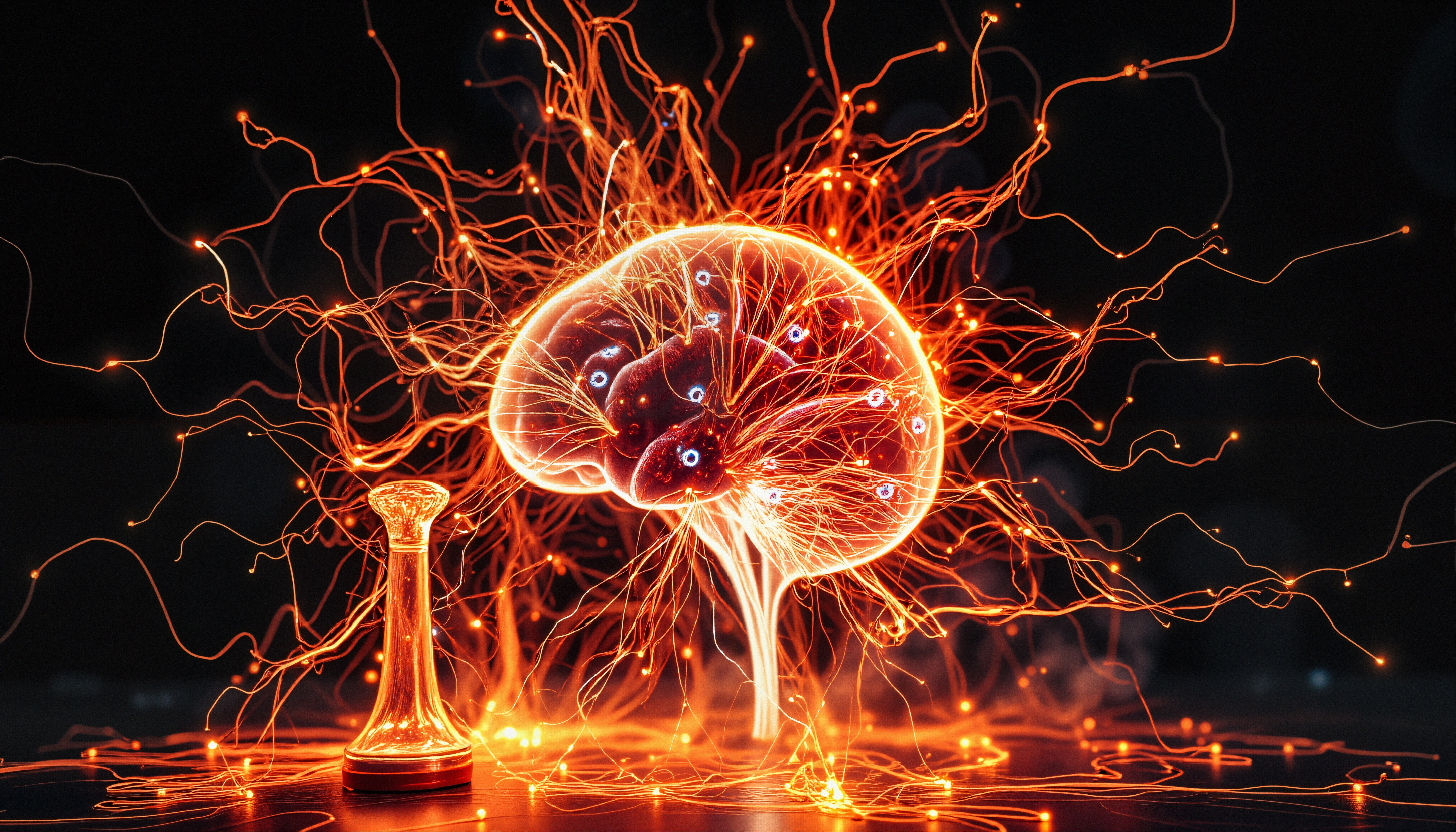 Glowing neural network brain with fiery tendrils.