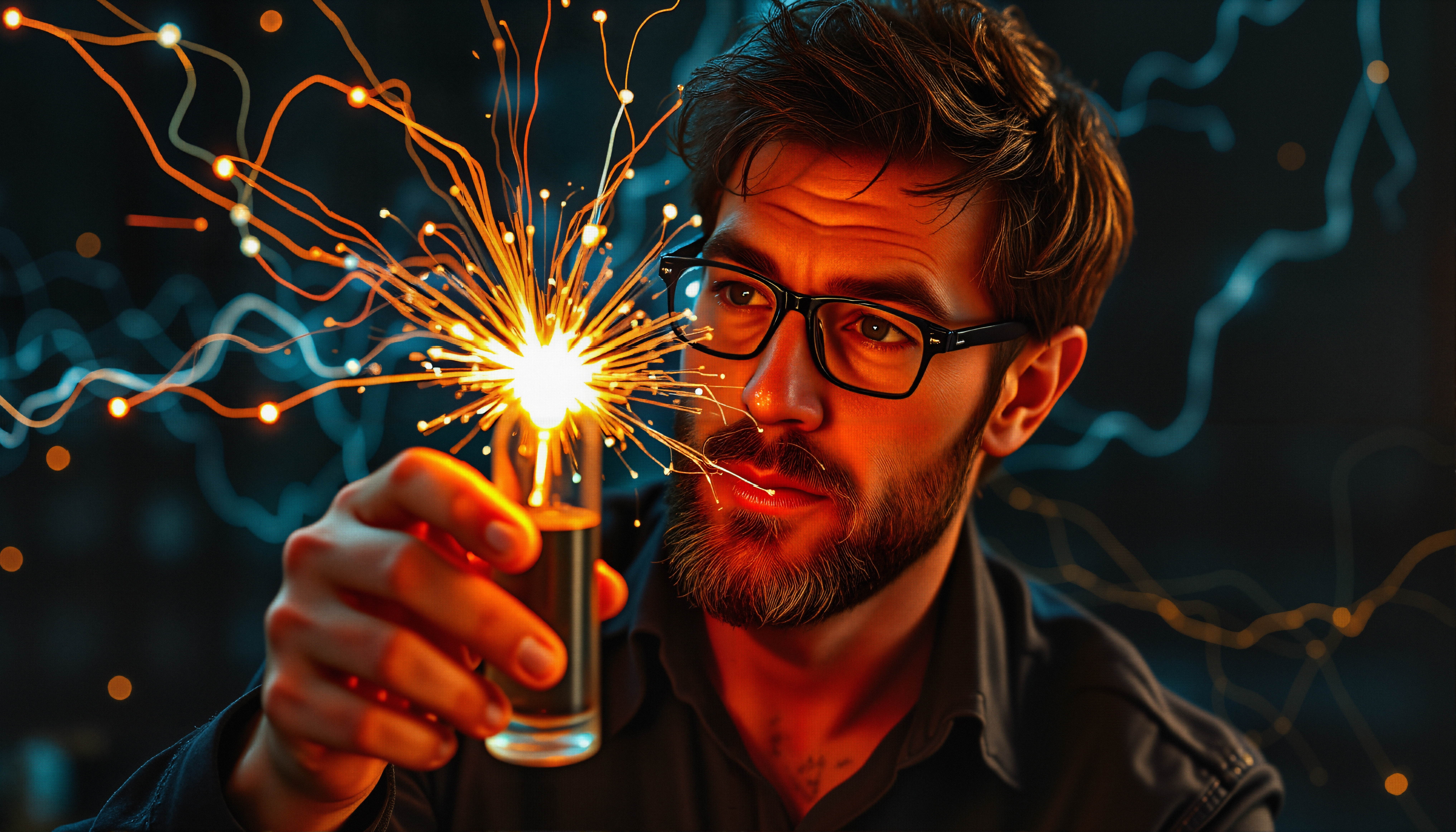A man holds a glowing sparkler in a test tube, mixing scientific curiosity with creativity.