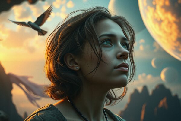 Portrait of a Woman Gazing at a Surreal, Epic Sunset Landscape w