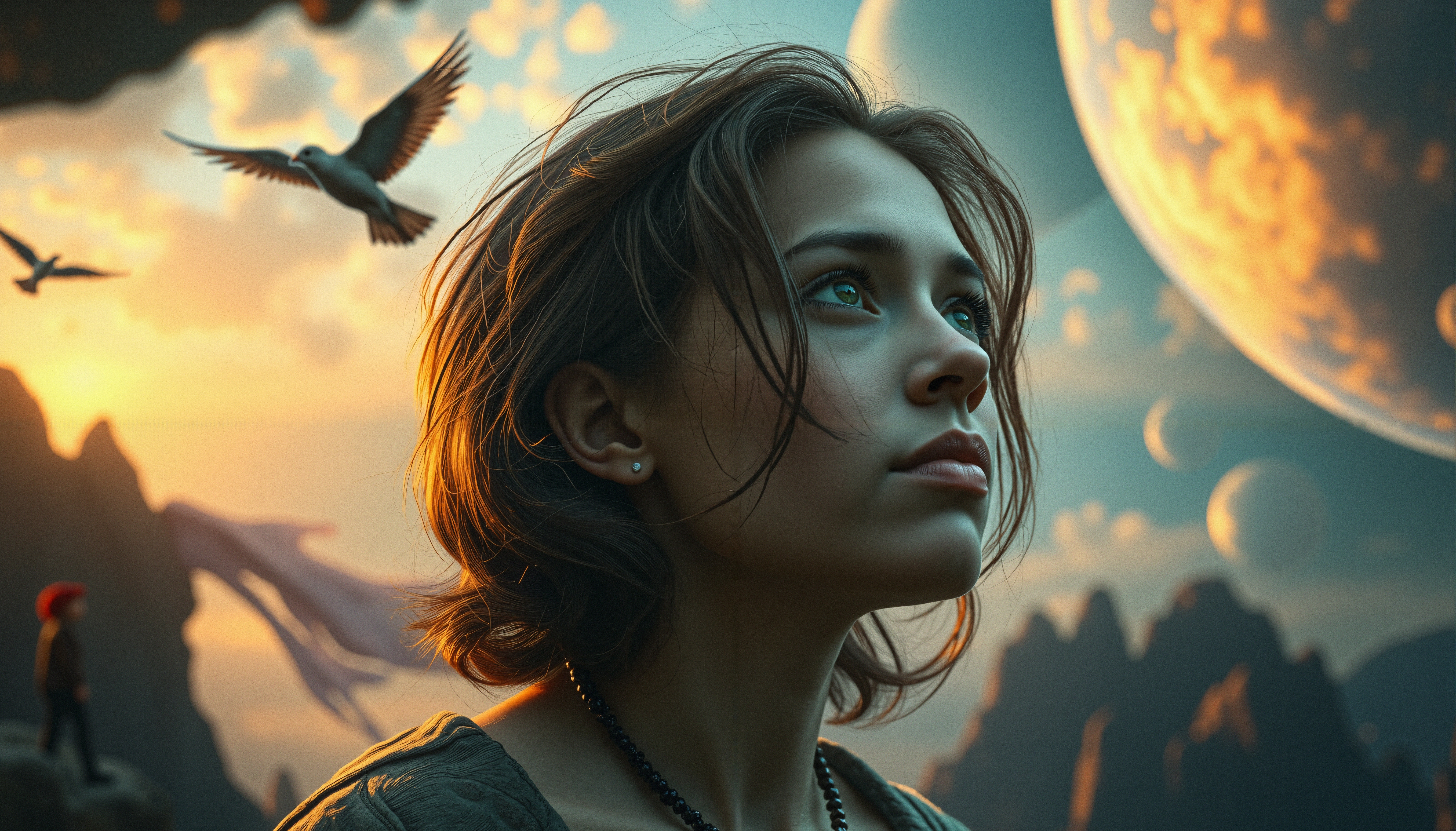 Portrait of a Woman Gazing at a Surreal, Epic Sunset Landscape w