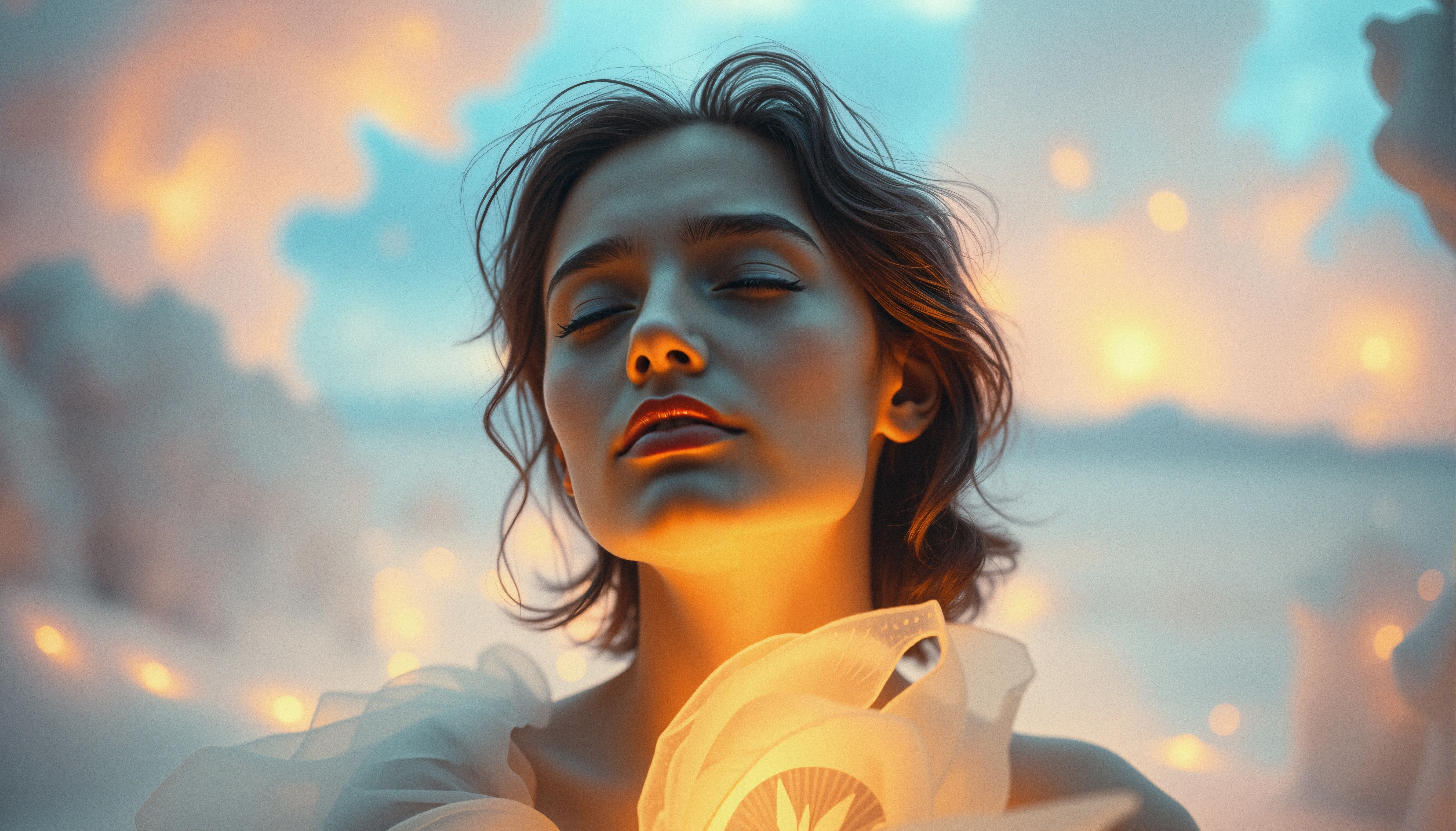 A serene woman in warm ethereal light with pastel sky.