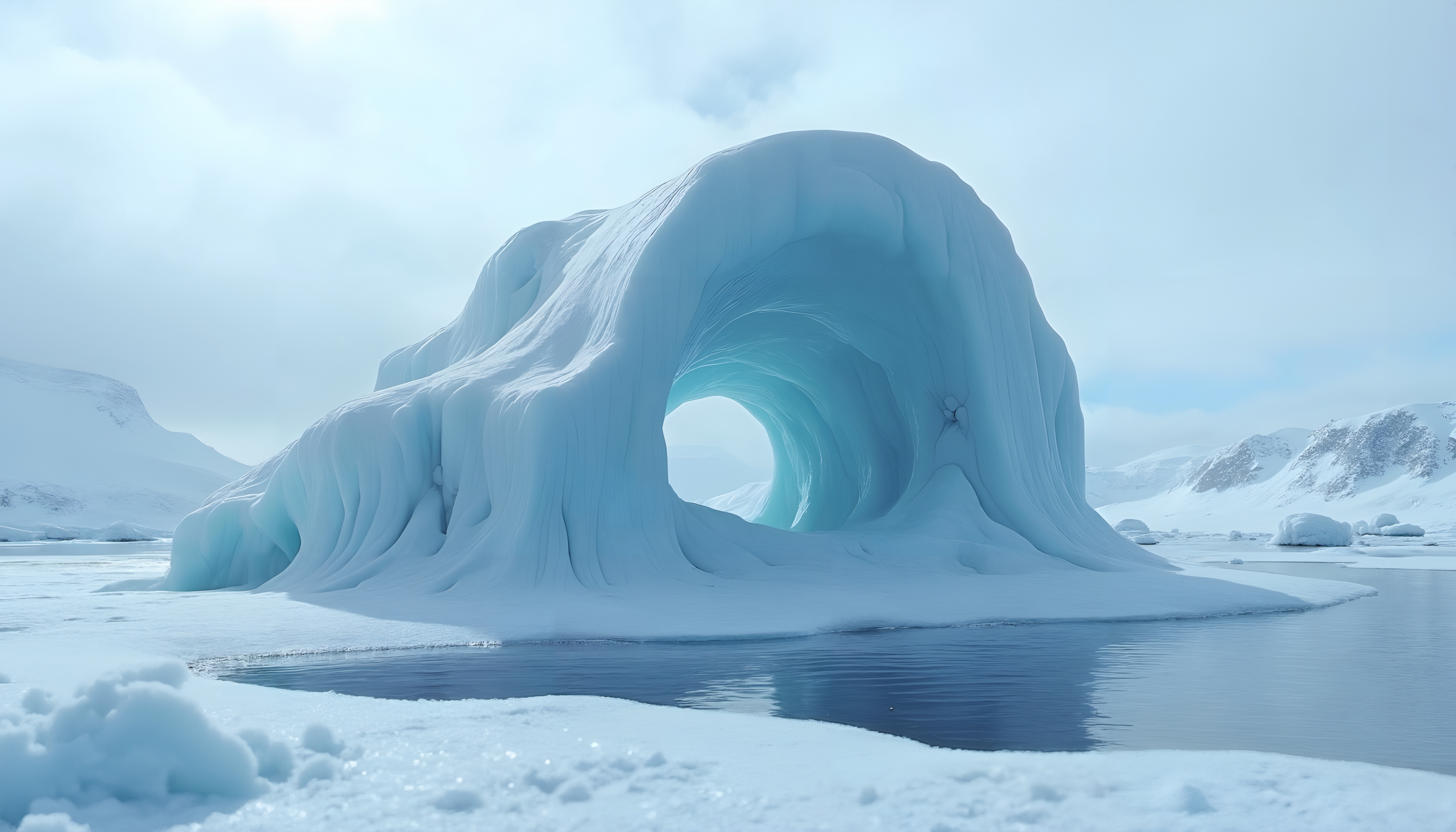 A striking ice arch reflects over calm water amidst a vast, snowy landscape.