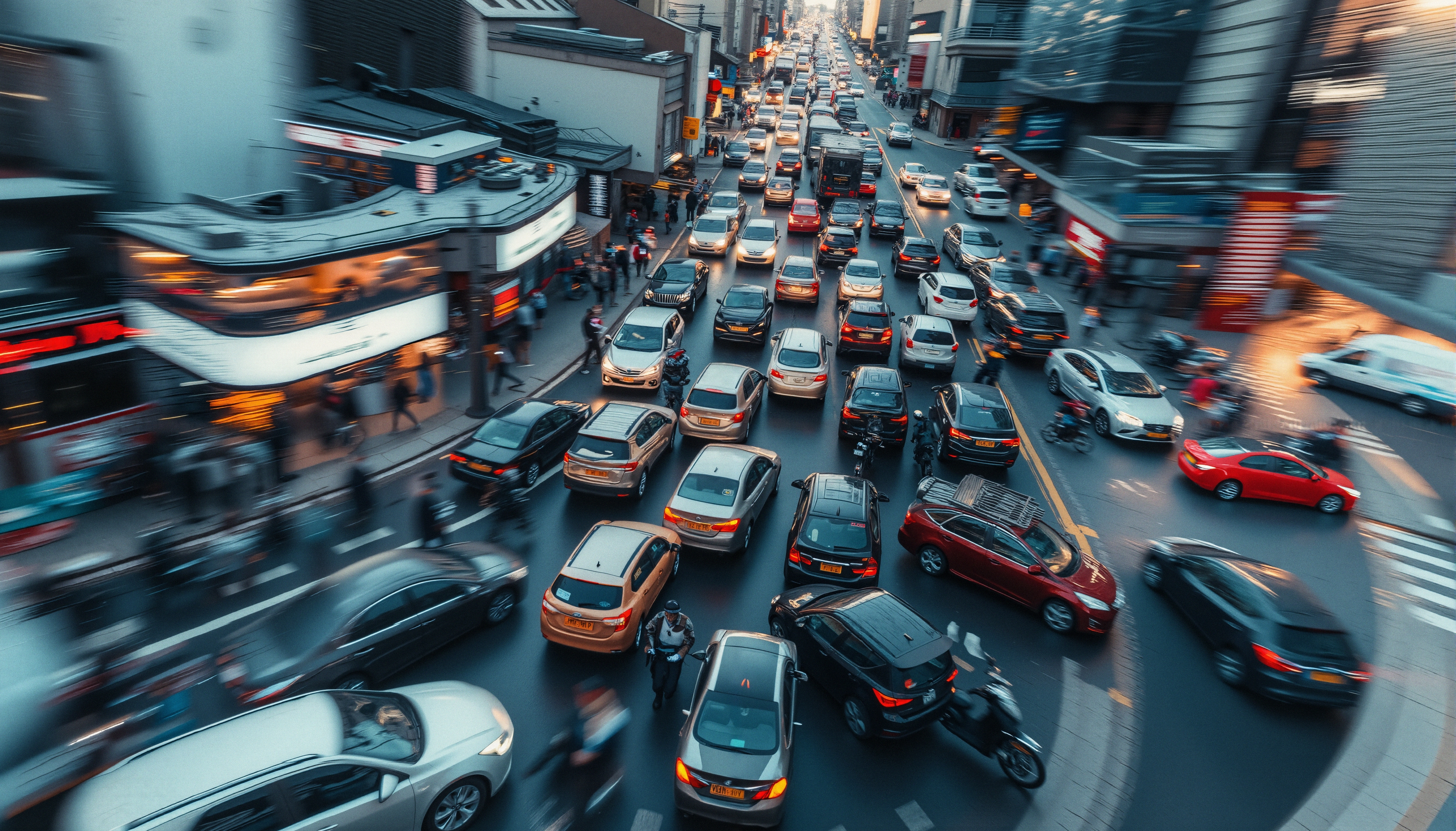 City street crowded with vehicles and pedestrians in a vibrant urban setting.