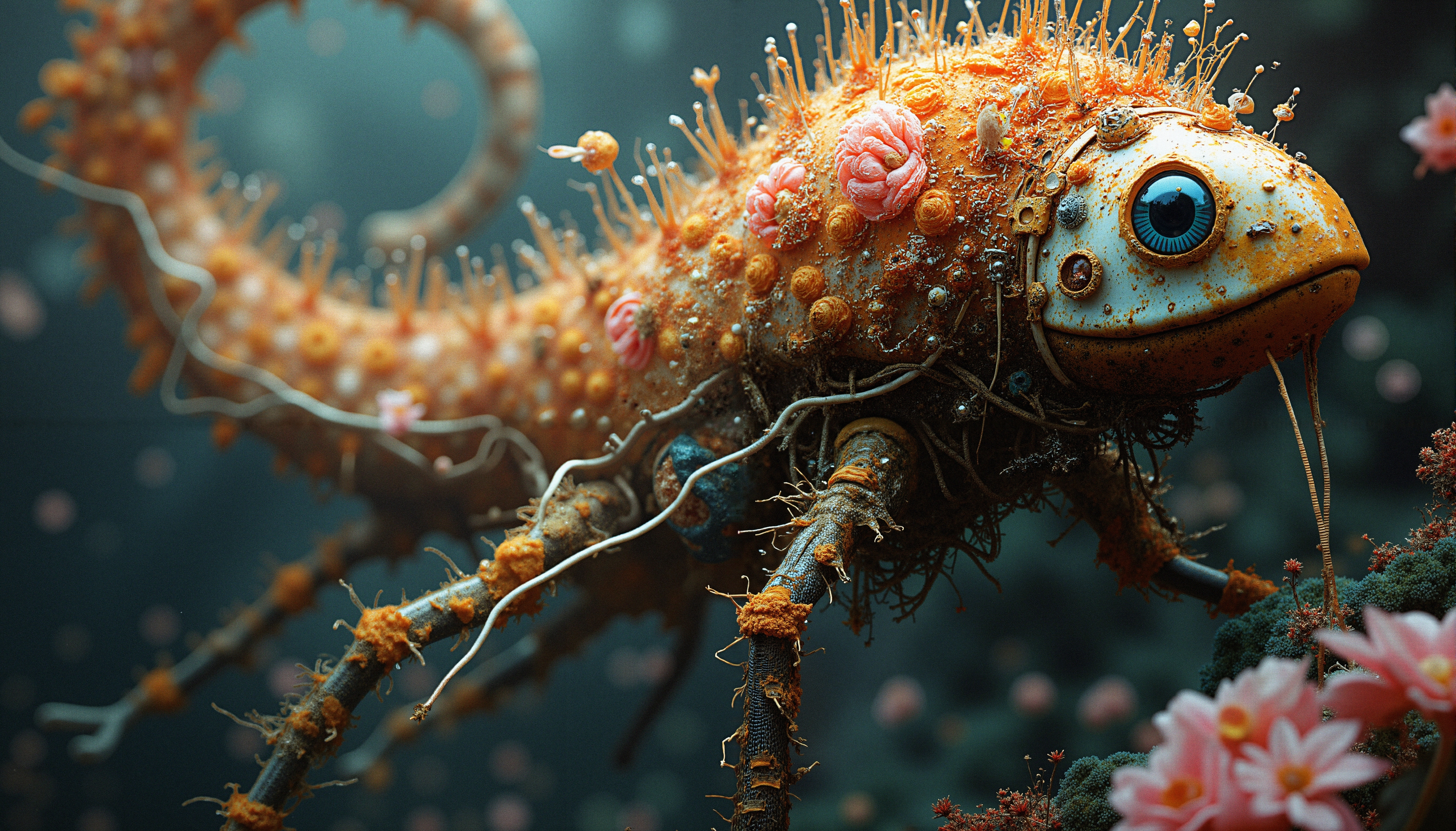 Surreal alien creature in vibrant, underwater fantasy setting.