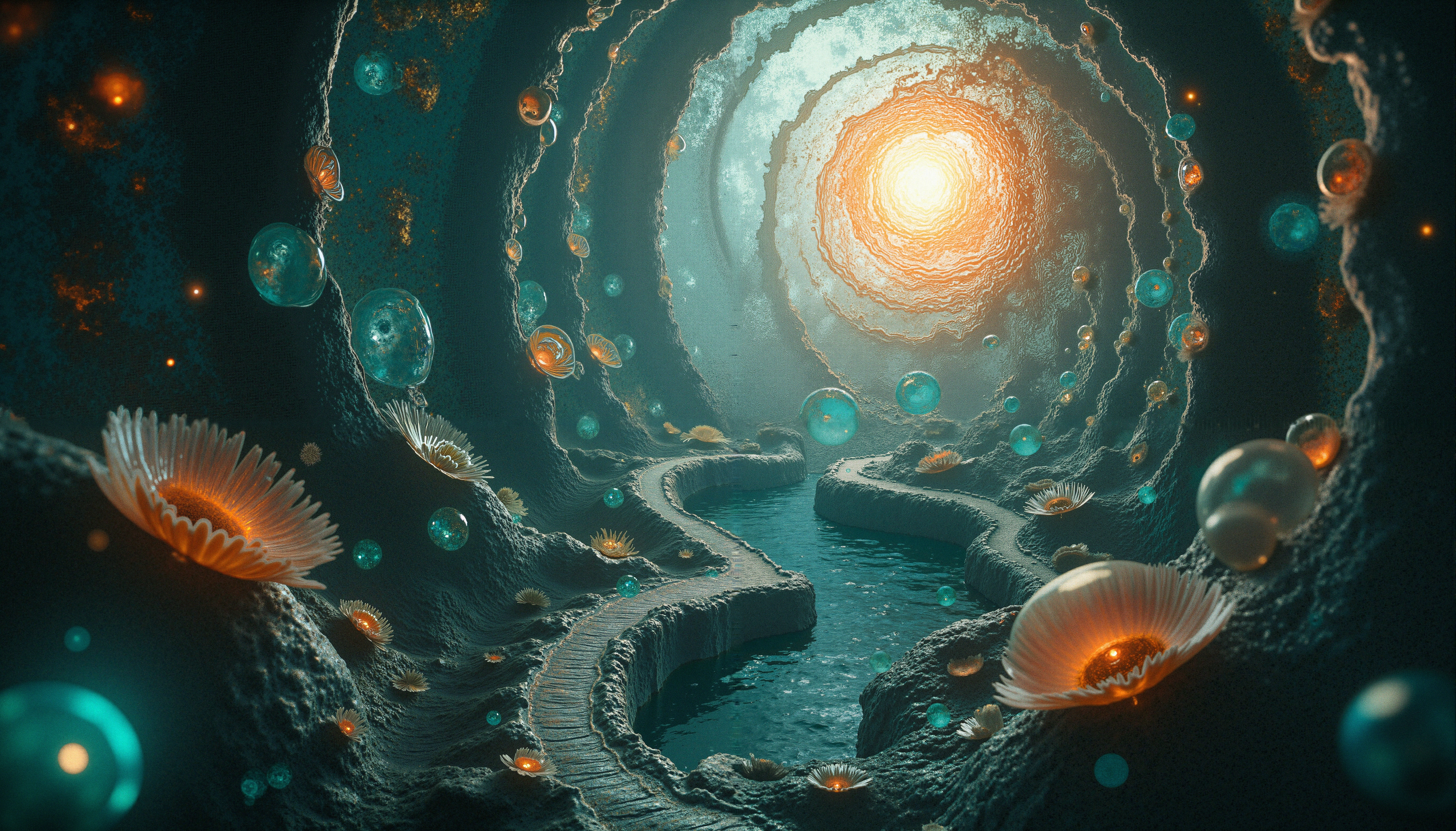 Surreal Luminescent Abyss with Glowing Waterways and Cosmic Elem