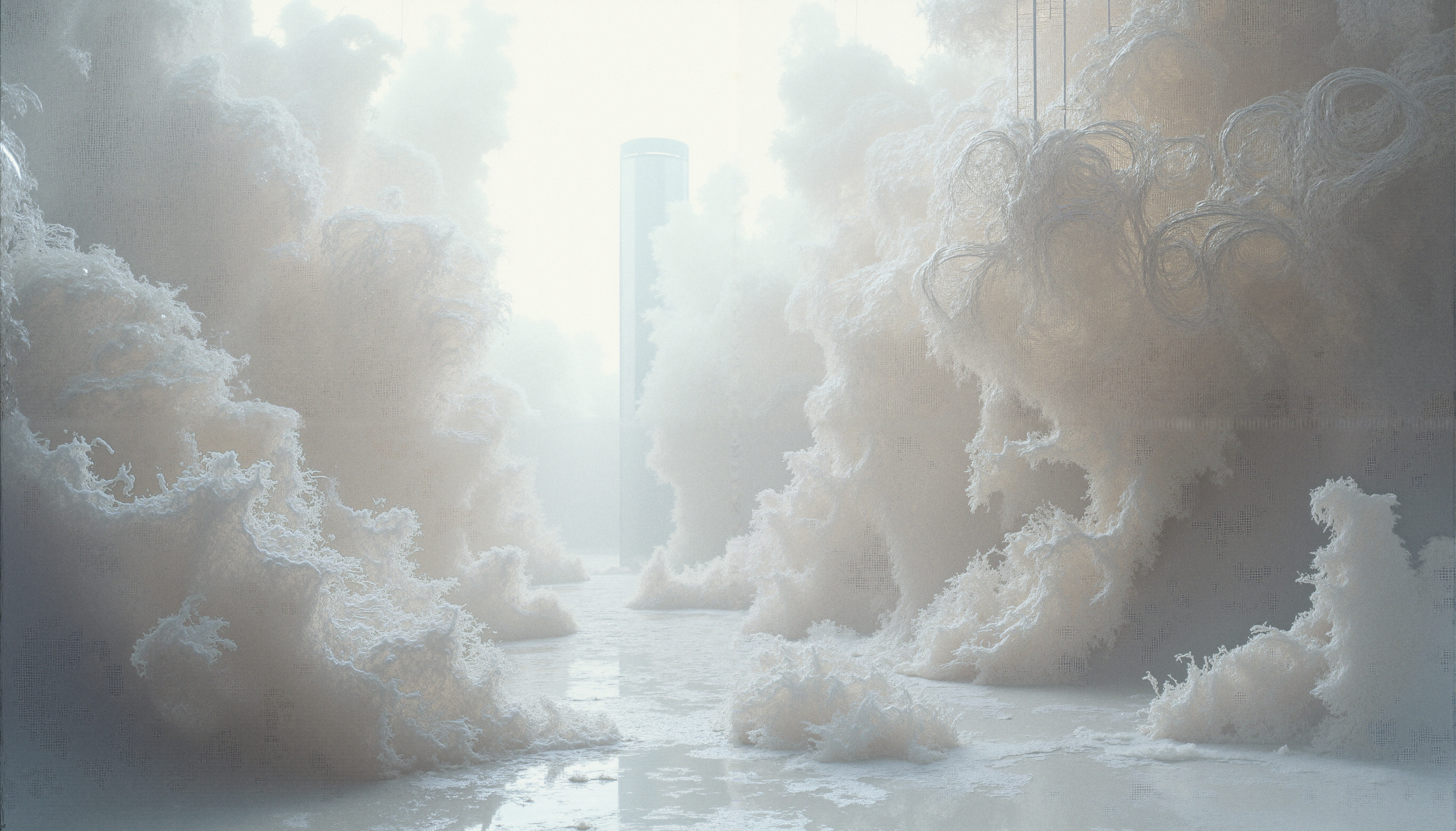 Abstract cloud-like formations in a serene, ethereal landscape with soft diffused lighting.