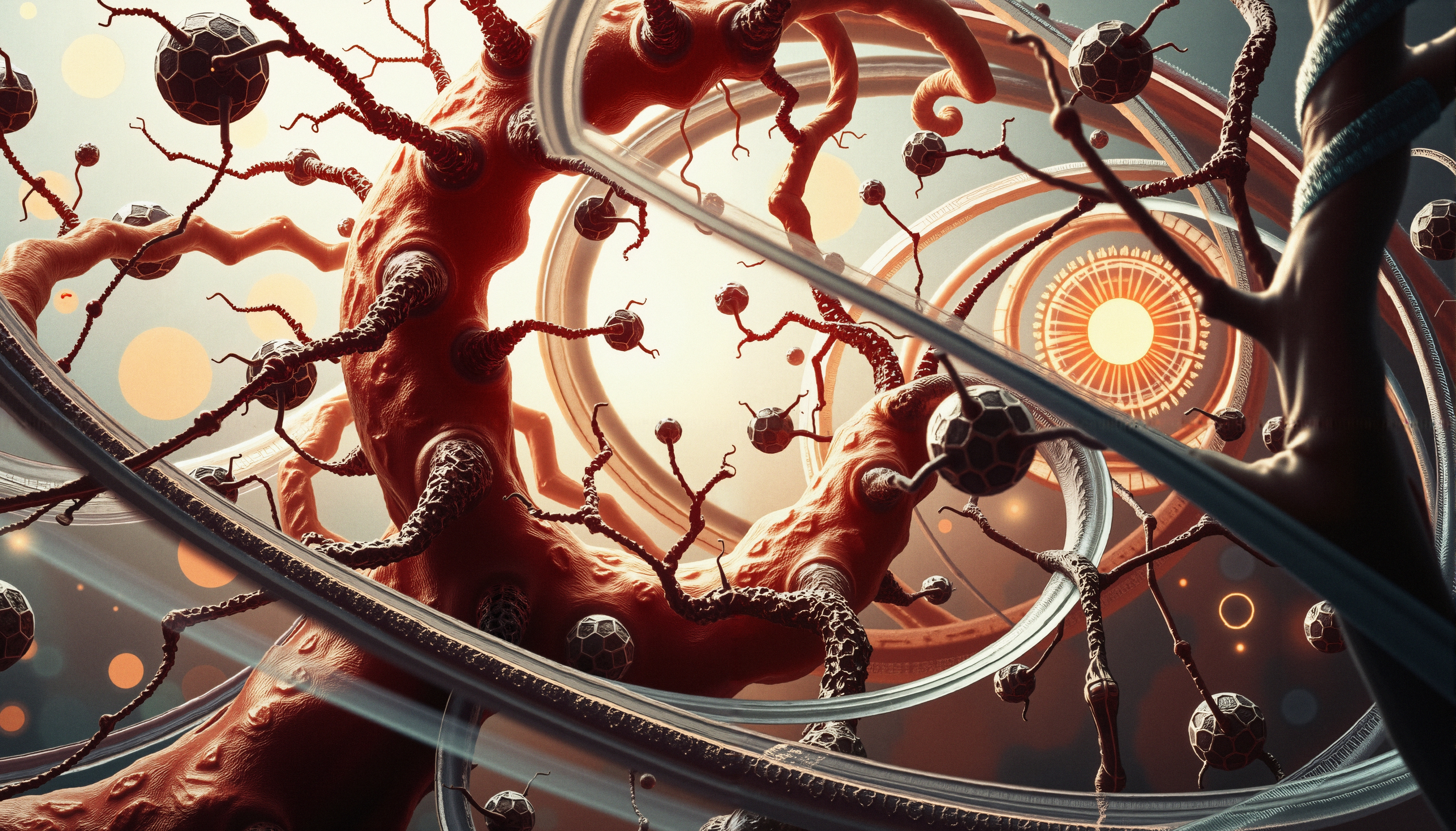 Surreal scene of organic structures and geometric elements with a central light source.