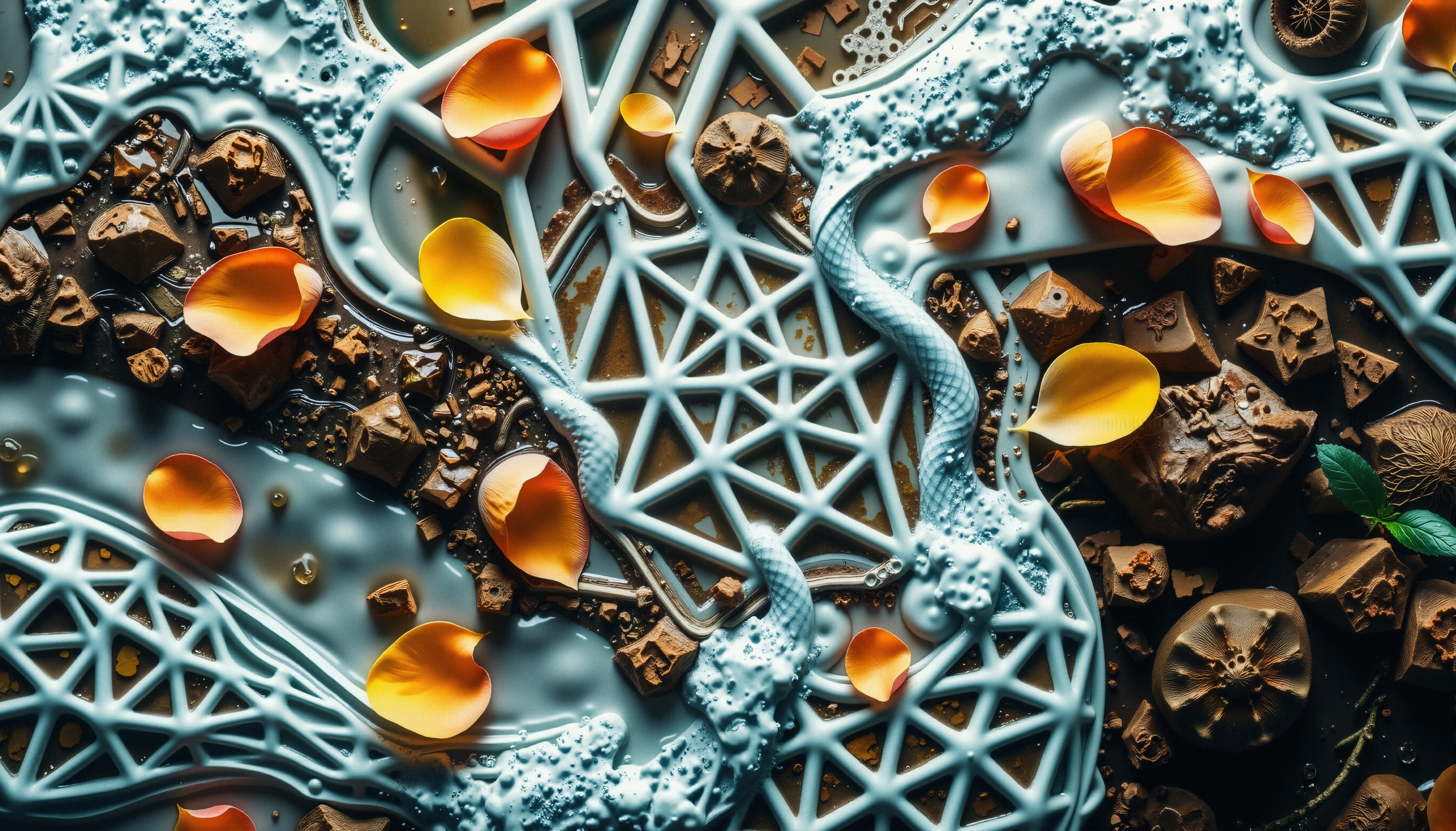A captivating design of blue geometric patterns with orange petals on a textured surface.
