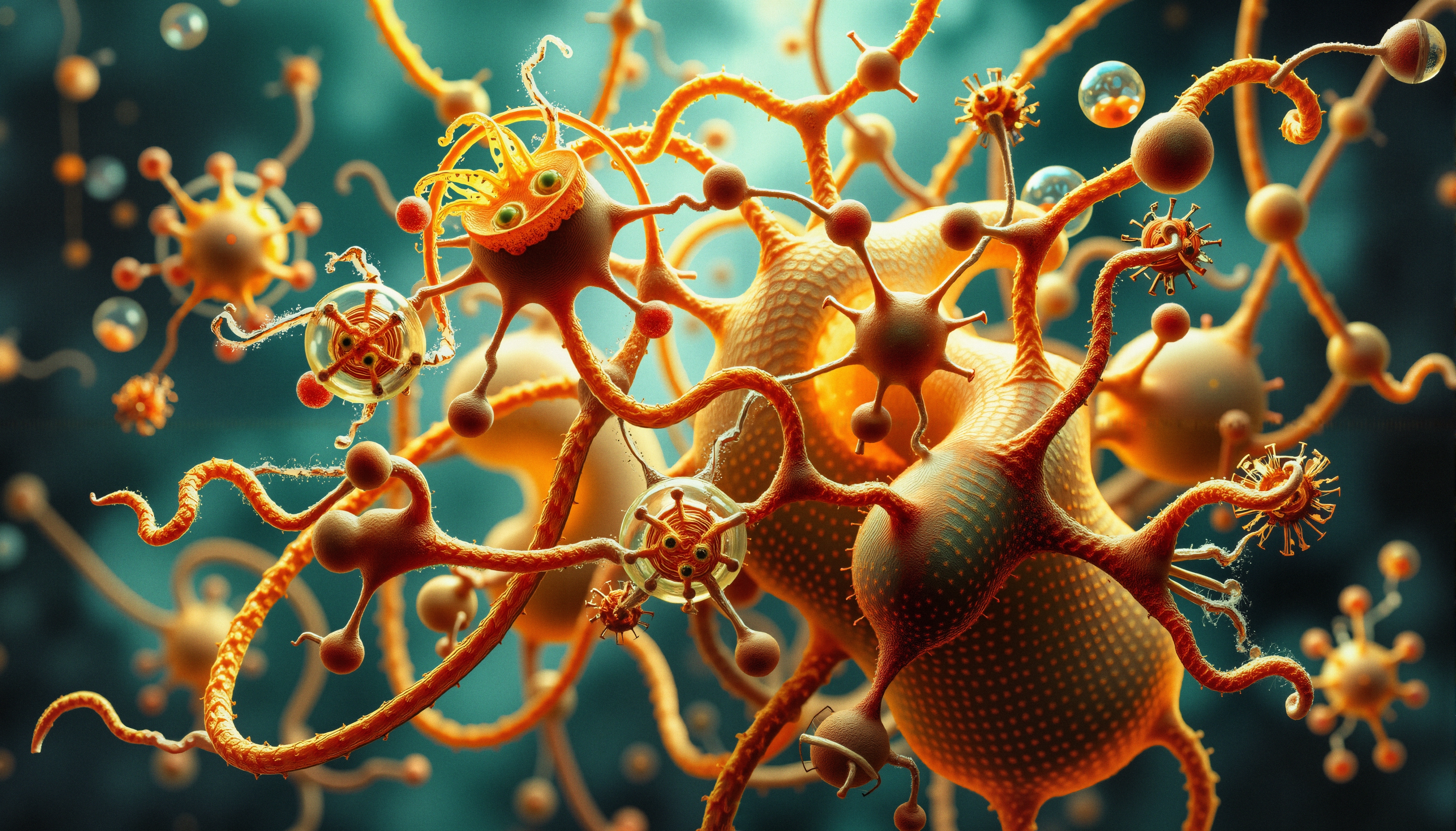 Abstract depiction of an intricate network of neuron-like structures with vivid orange spheres and tendrils against a soft teal background.