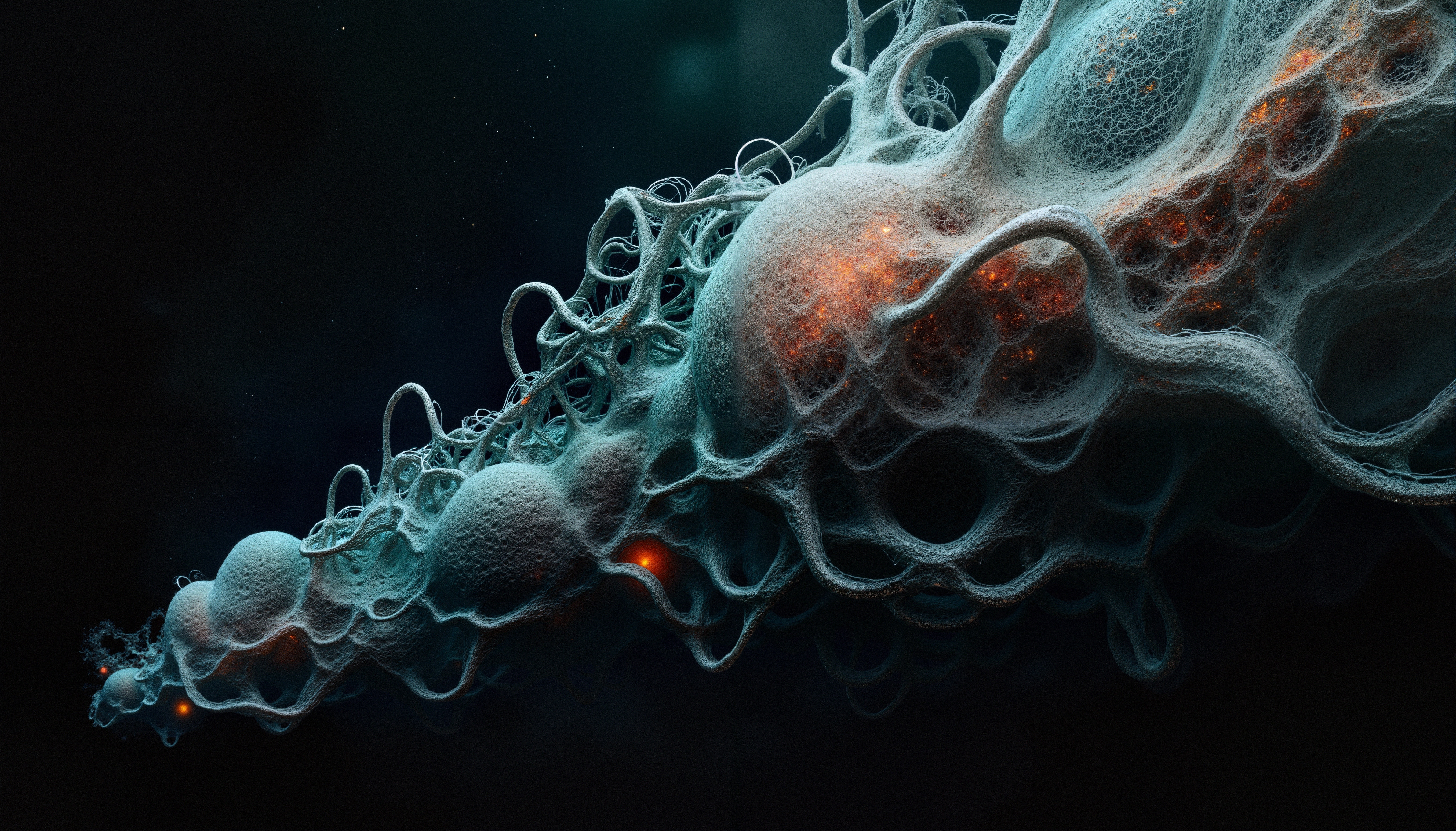 A complex network of twisting blue fibers with glowing orange light spots in a dark background.