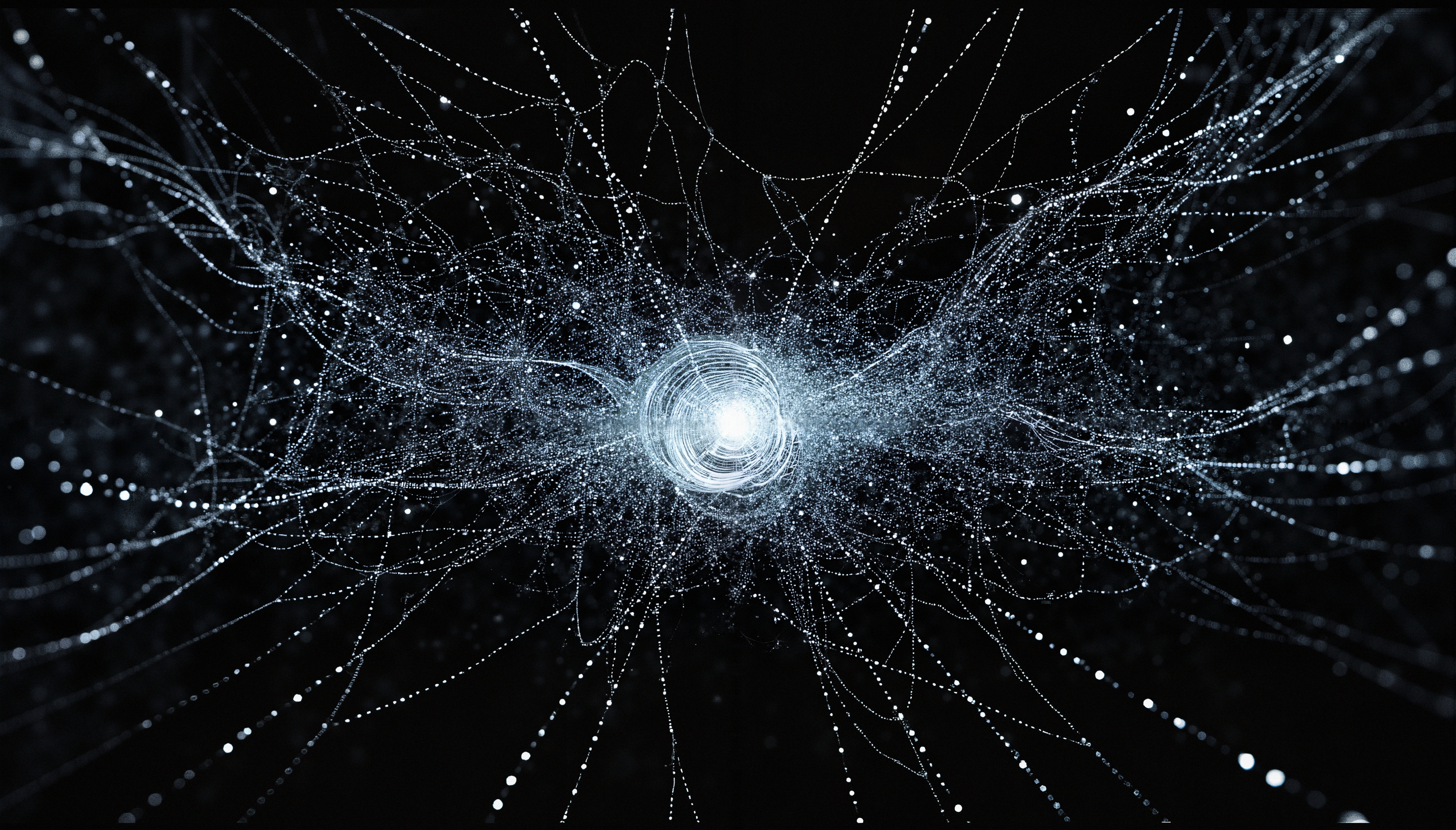 Detailed visualization of a glowing, interconnected network resembling neural pathways or a cosmic web on a dark background.