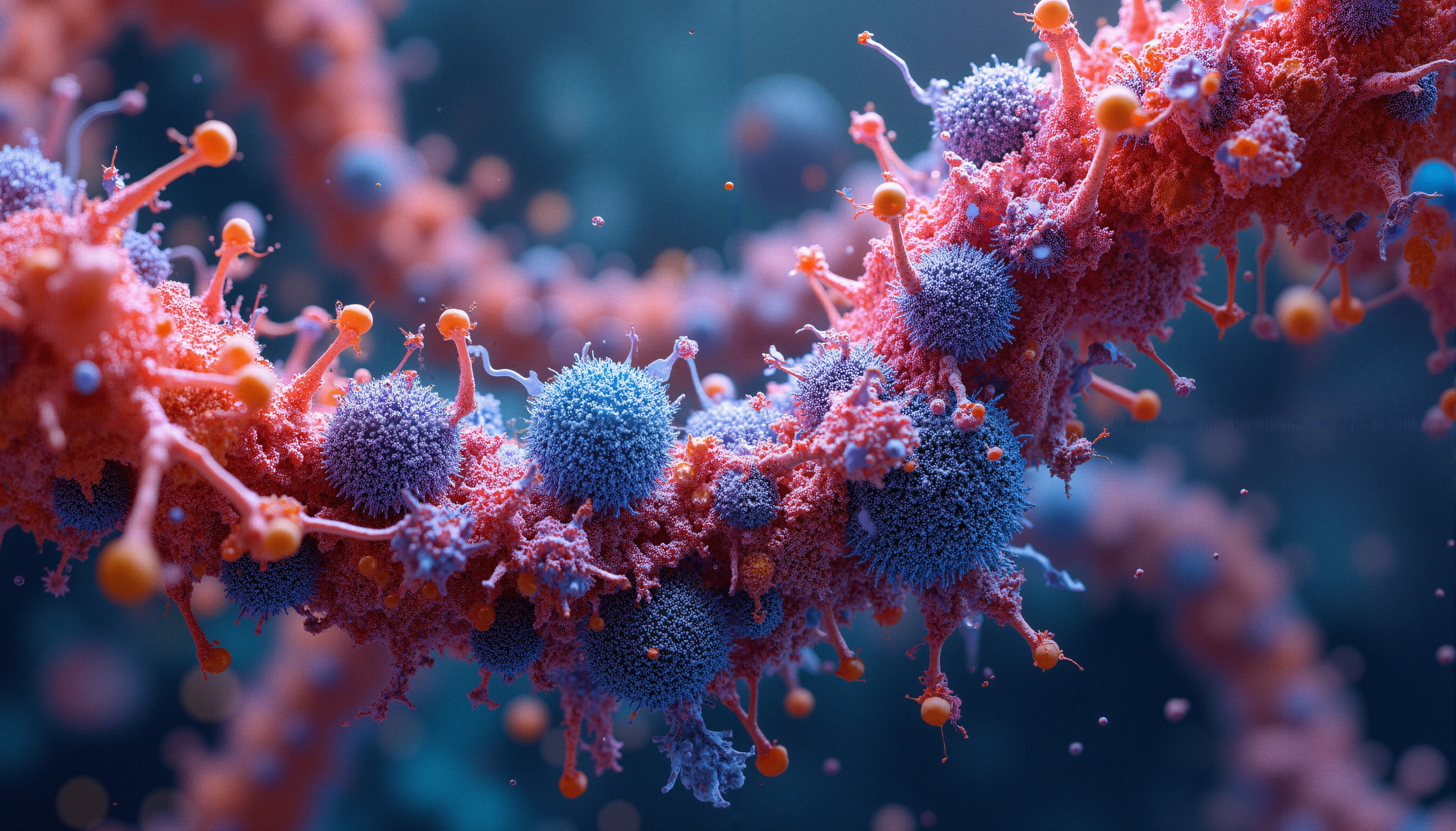 Abstract microscopic cellular structures in vibrant blue and orange hues.