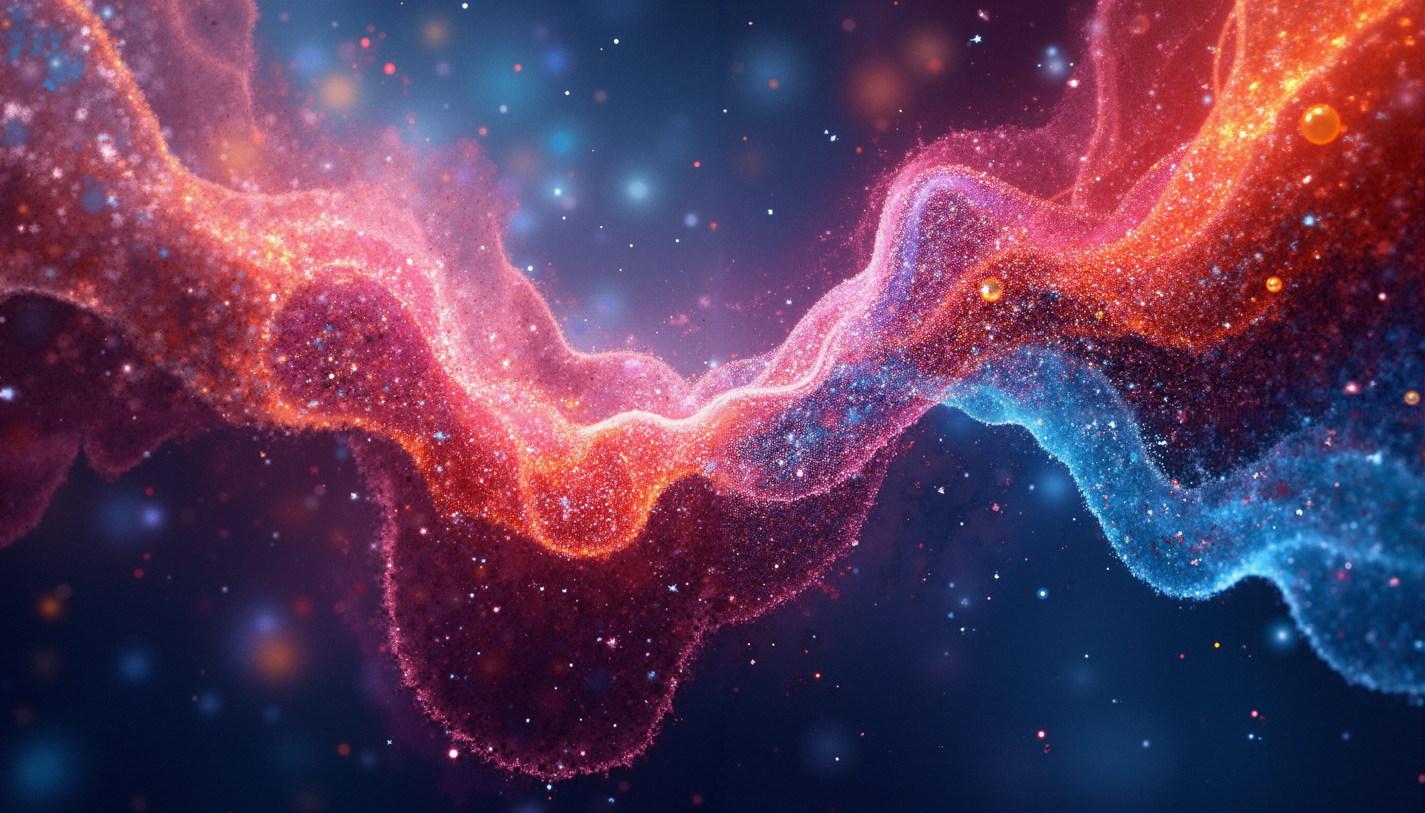 A cosmic swirl of vibrant colors and stars against a dark background, resembling a nebula in space.