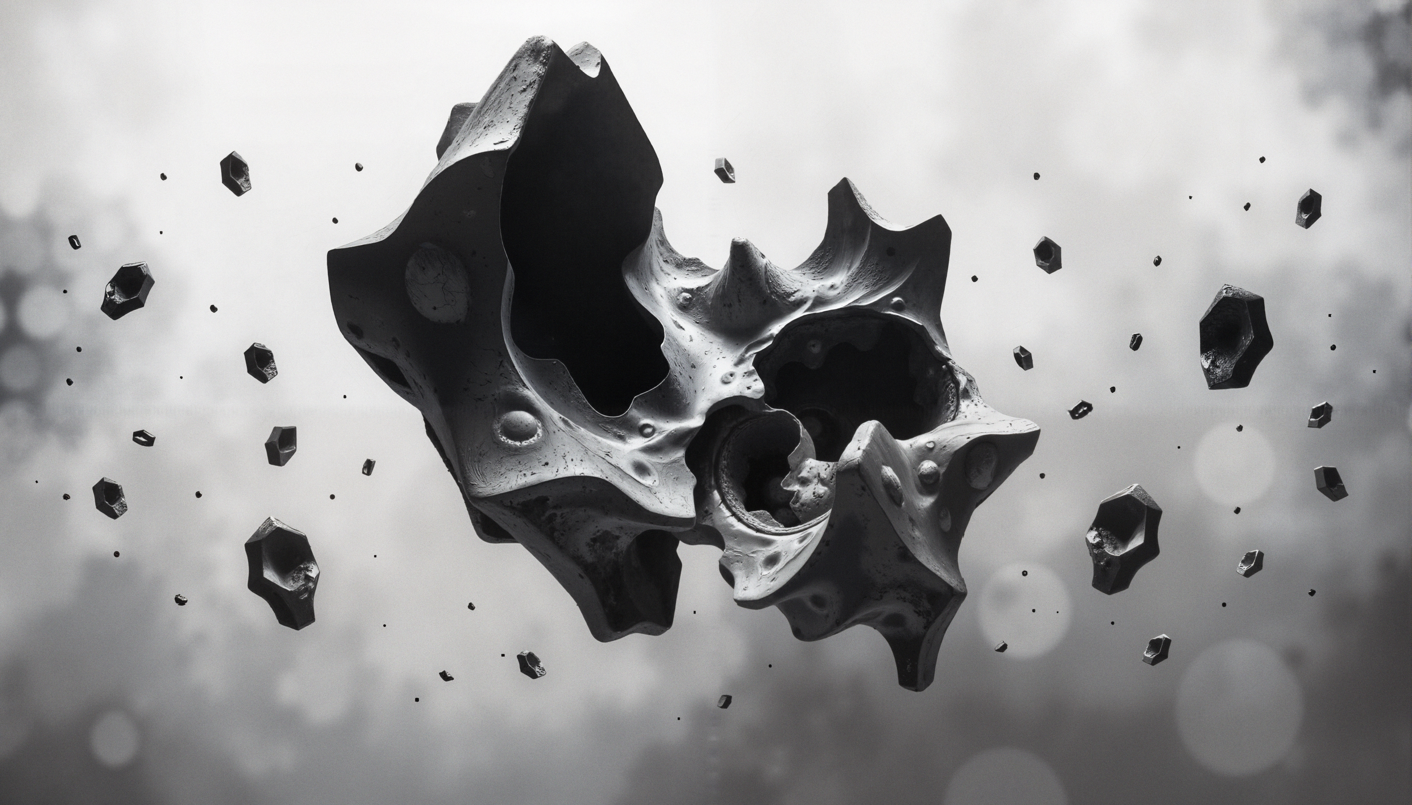 Monochromatic Abstract Space Sculpture with Floating Fragments