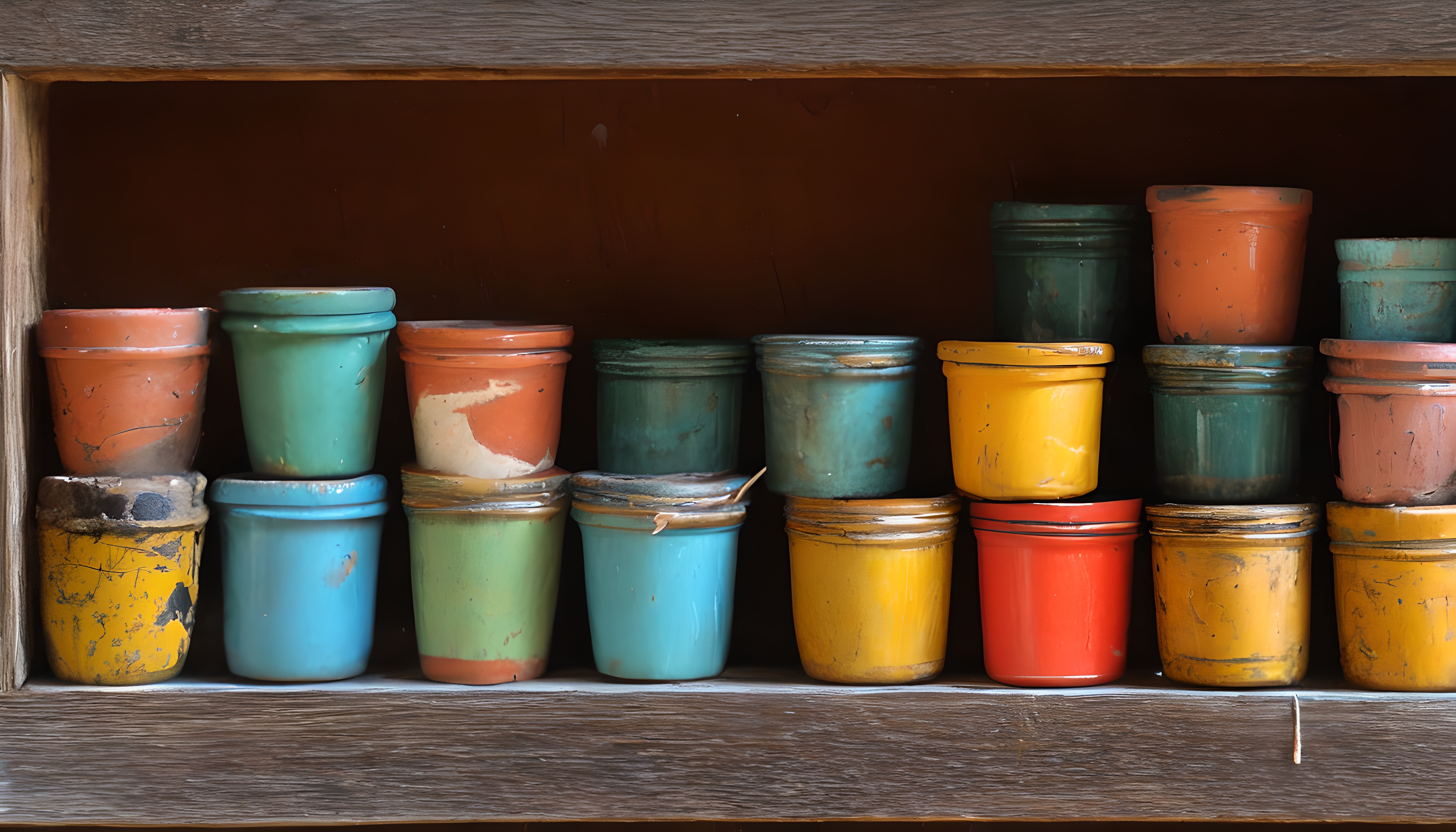 A collection of colorful small plant pots on a rustic wooden shelf displaying charming wear and vibrant eclectic tones.