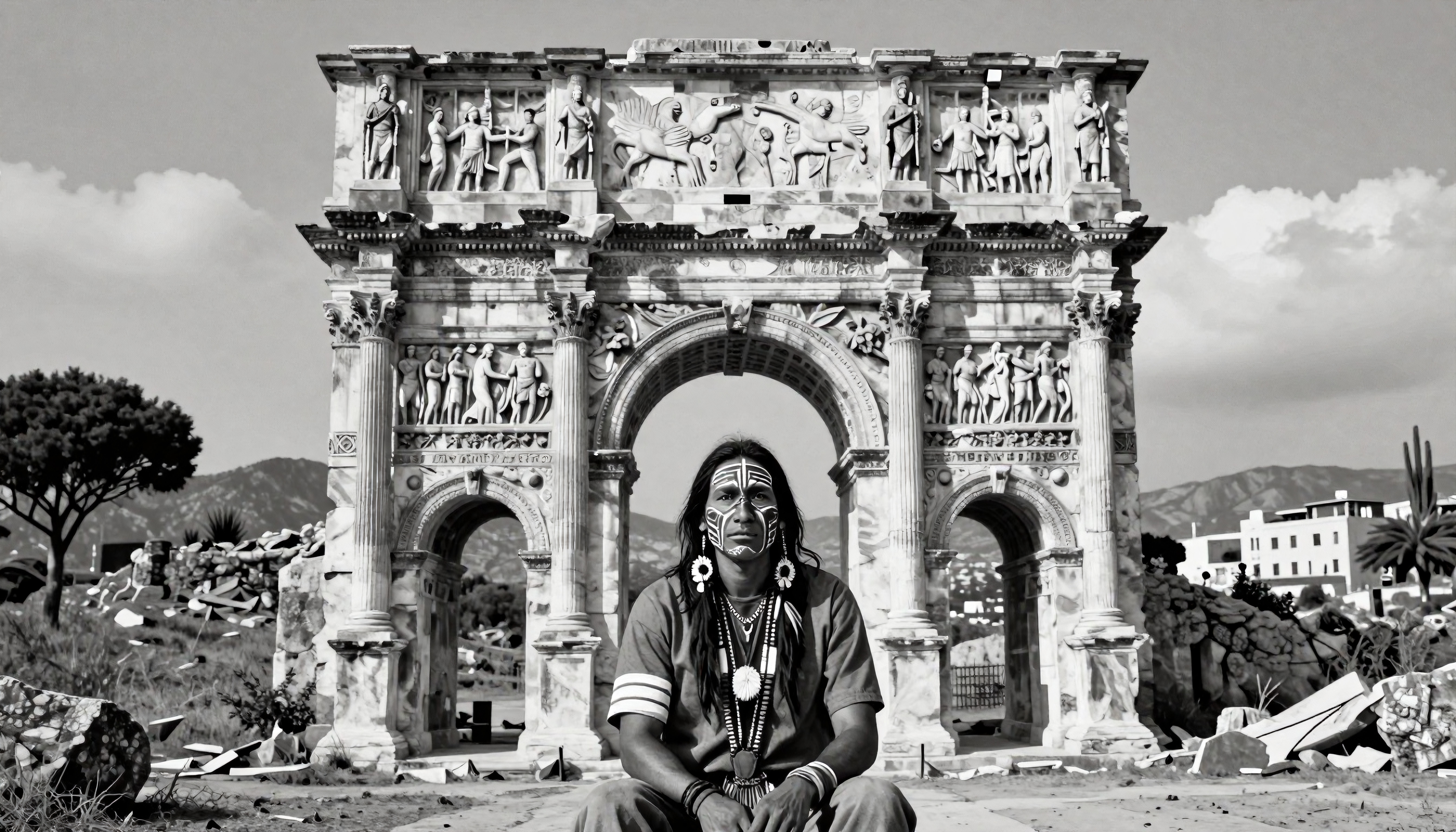 A person with facial paint sits in front of an ancient Roman arch with detailed carvings, creating a cultural and historical contrast.