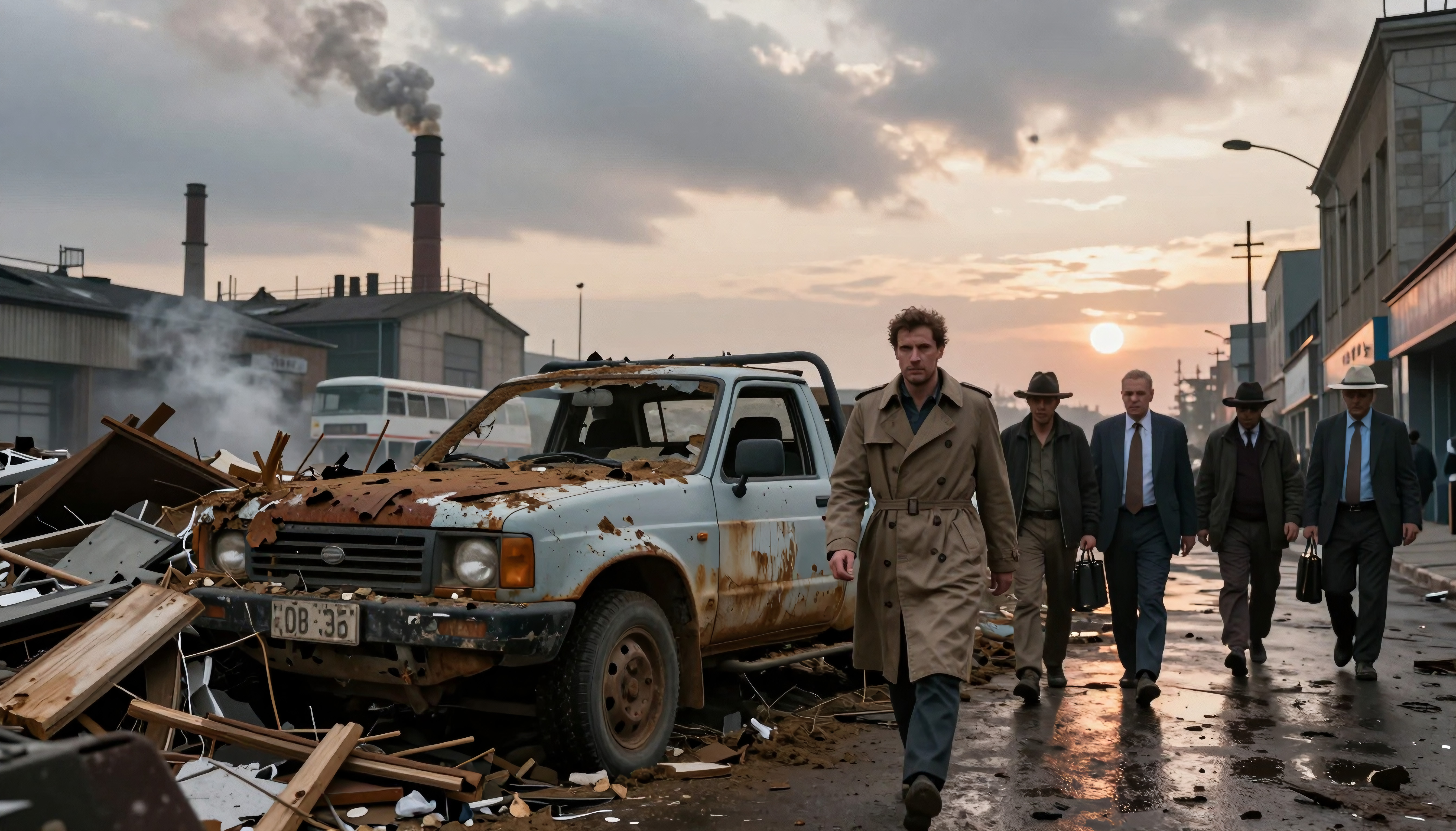 Men walk through a derelict, smoky industrial street past a wrec