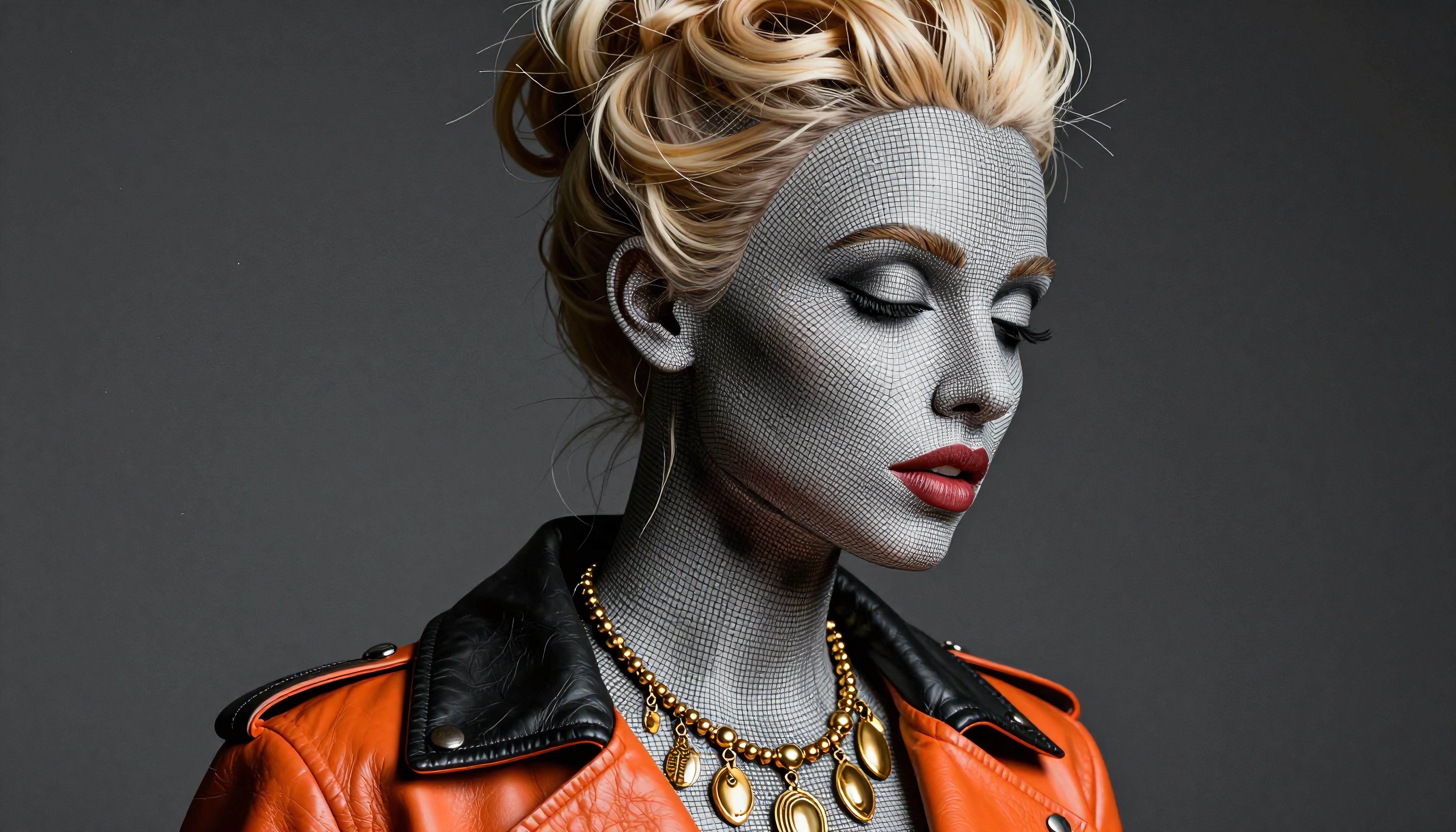 Person with mesh-patterned face, blonde hair, orange leather jacket, and gold necklace.